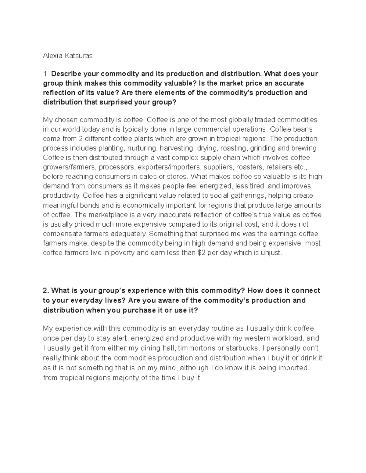 Tutorial Activity 4 - Description of a commodity, its value, how it is ...