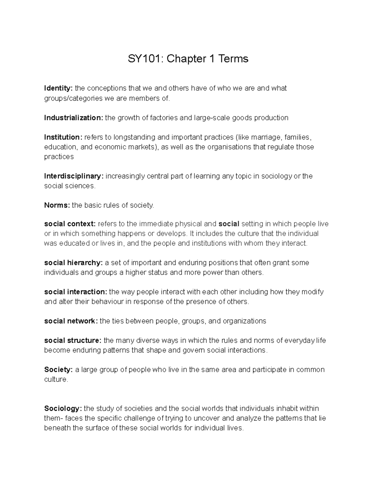 SY101 Chapter 1 Terms - SY101: Chapter 1 Terms Identity: the ...