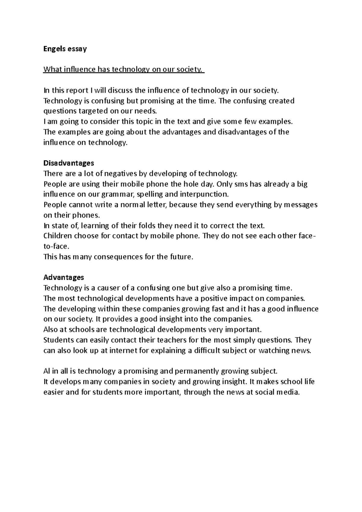 Engels Essay: The Impact of Technology on Society (Tech 1) - Studeersnel