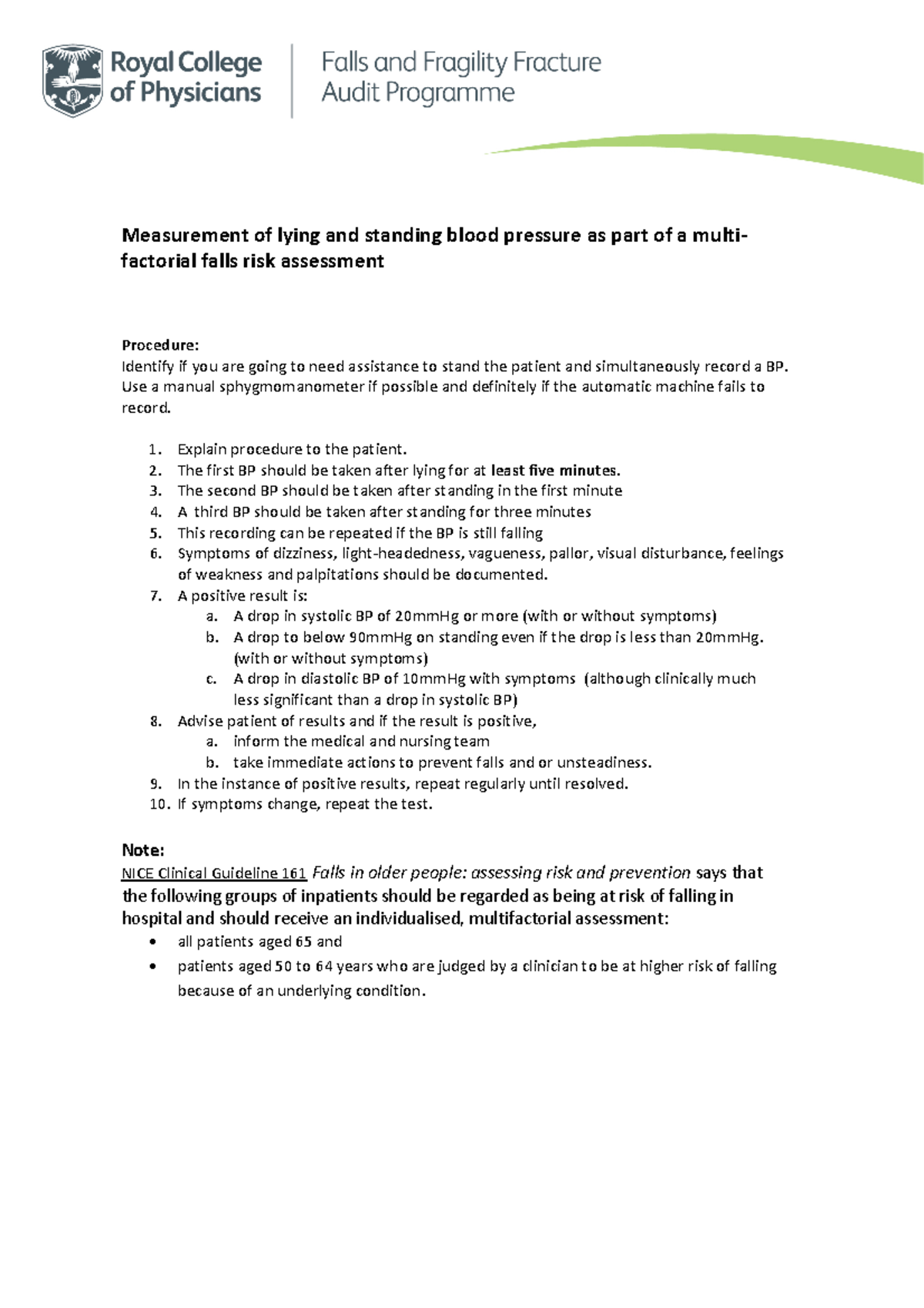 BP Measurement Procedure: Lying vs Standing - Falls Risk Assessment ...