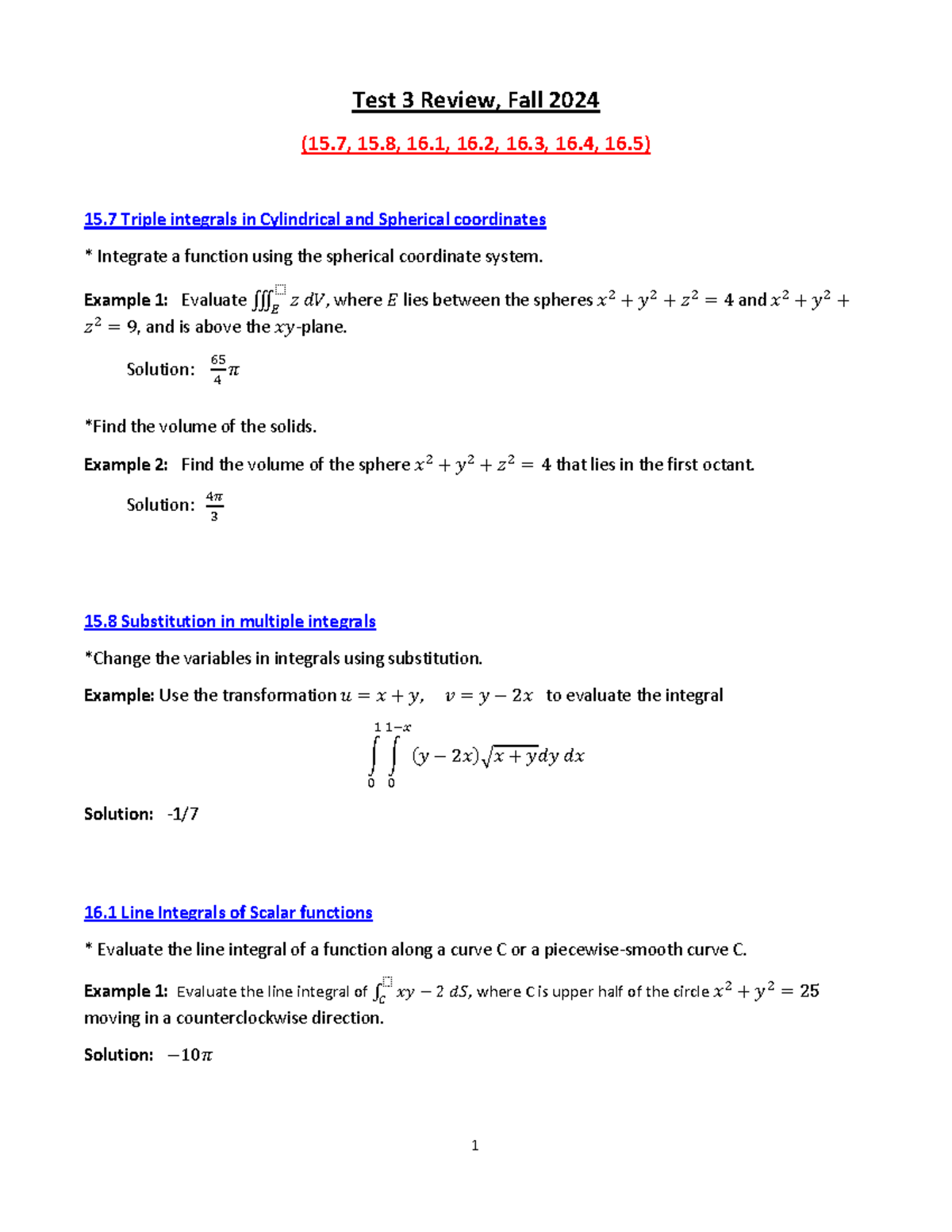 Test 3 Review (Fall 2024): Triple Integrals & Line Integrals Concepts ...