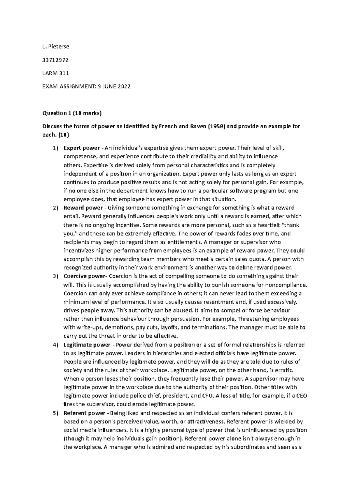 LARM 311 - Exam Assignment on Power Dynamics and Labour Relations - Studocu