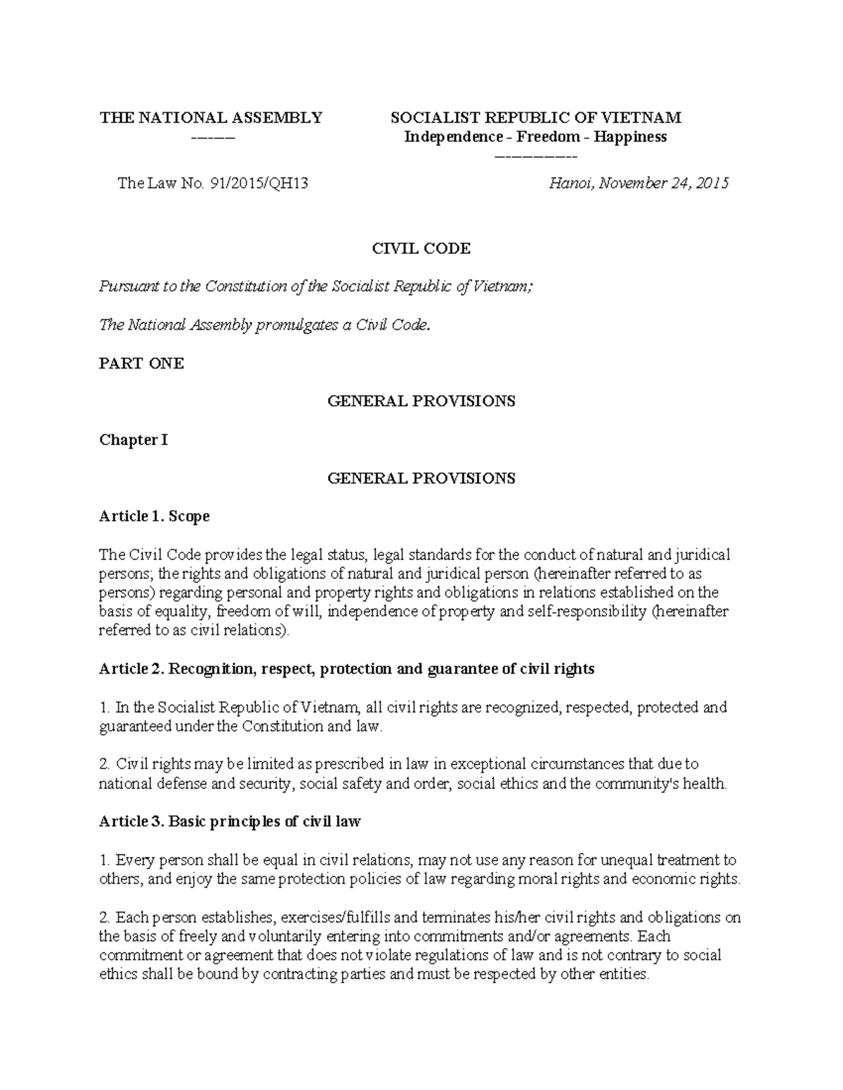 Civil Code of Vietnam 2015: Key Provisions and Principles - Studocu