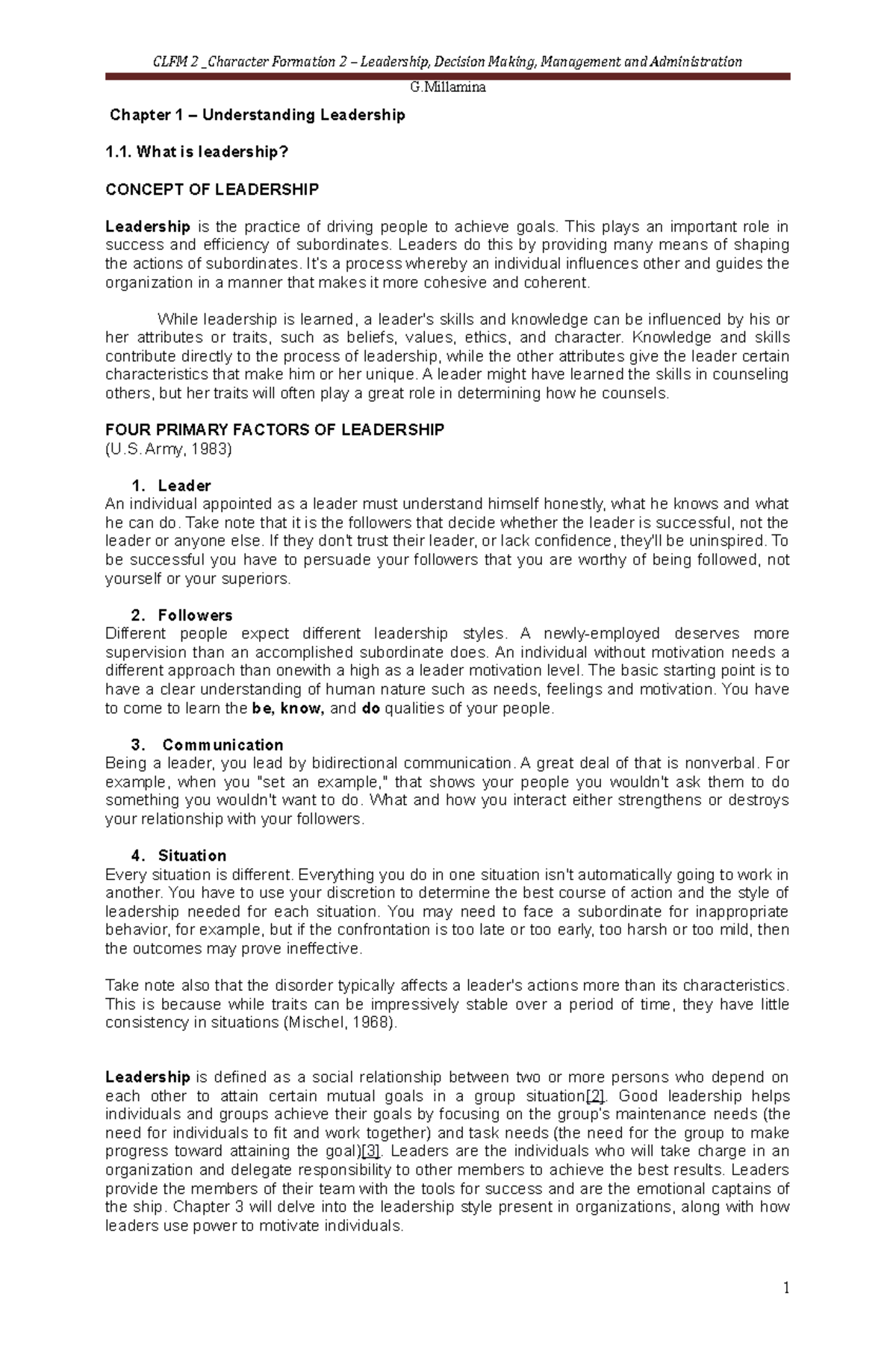 CLFM 2 Chapter 1 - Understanding Leadership and Self-Leadership - Studocu