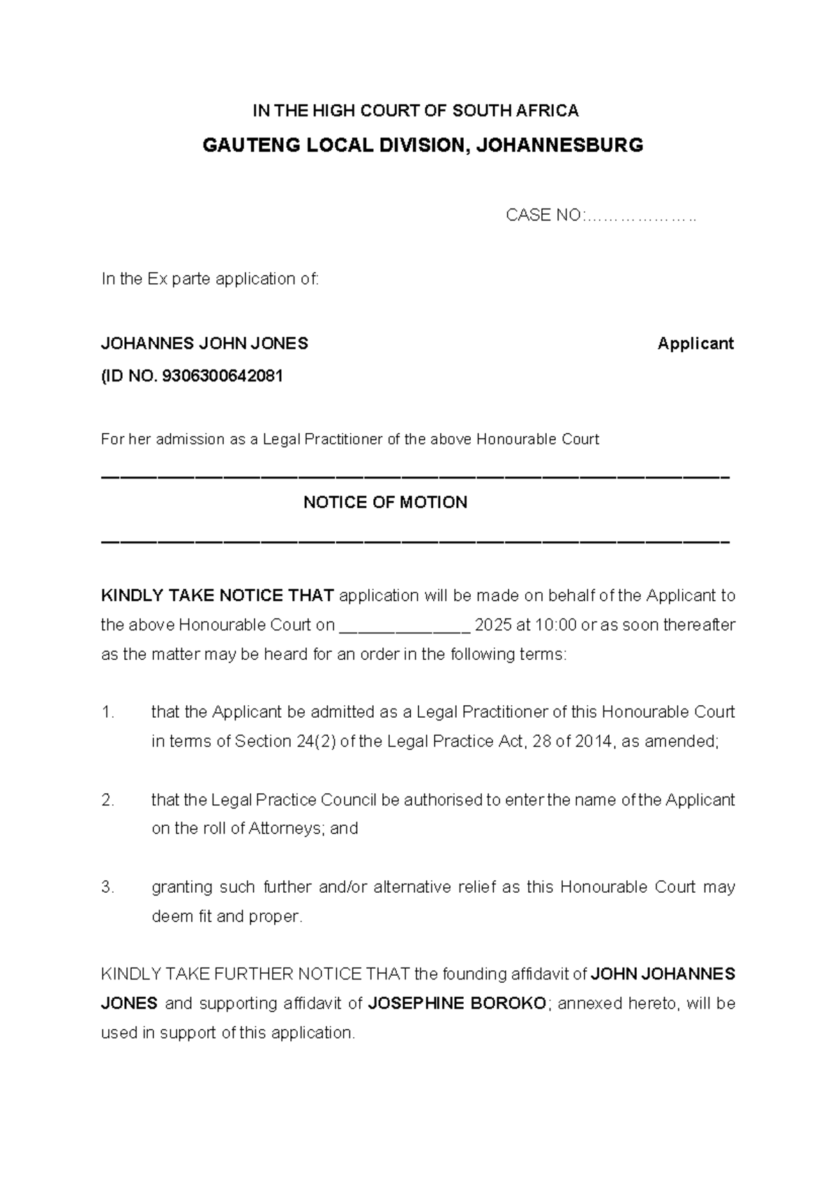 Ex Parte Application for Admission as Legal Practitioner - Case No ...