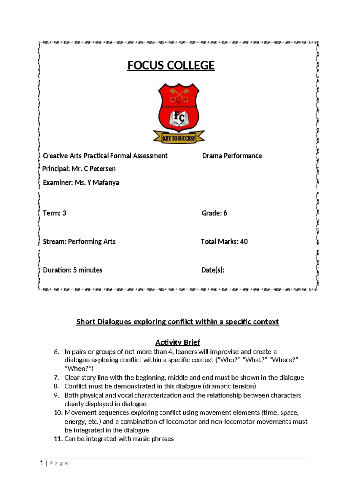 CA 6 - Creative Arts Practical Assessment: Drama Performance Notes ...