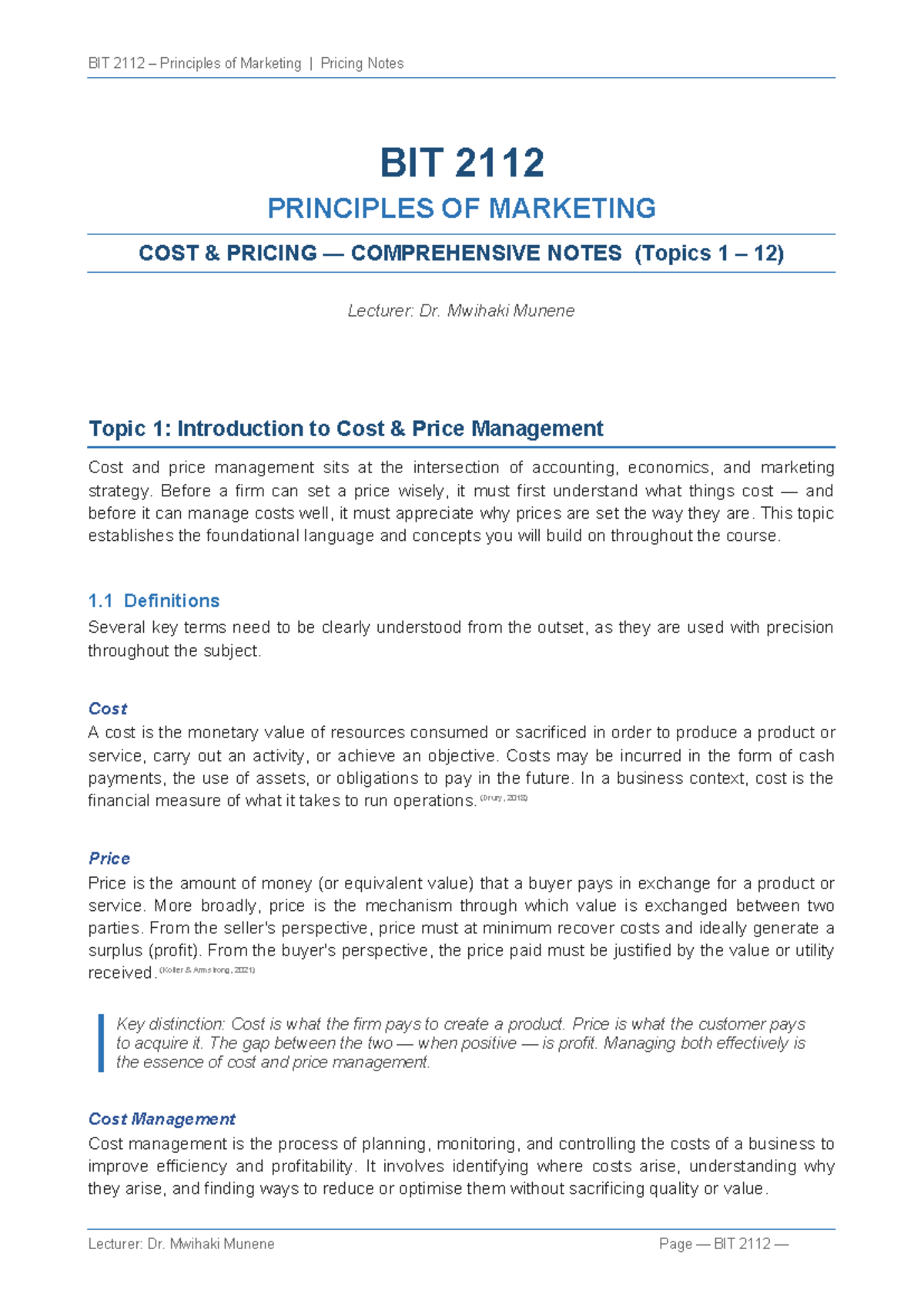 BIT 2112 Principles of Marketing: Comprehensive Pricing Notes - Studocu