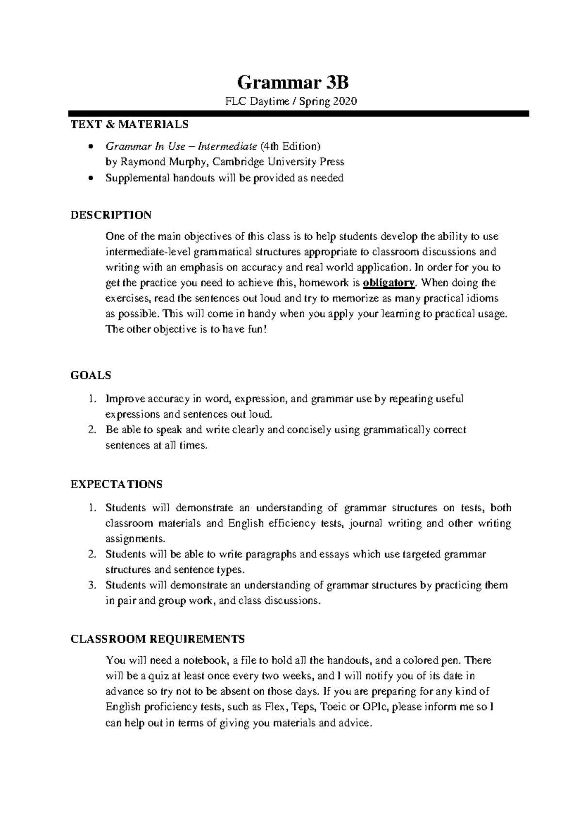 Grammar 3B - Course Guide & Expectations for Spring 2020 - Studocu