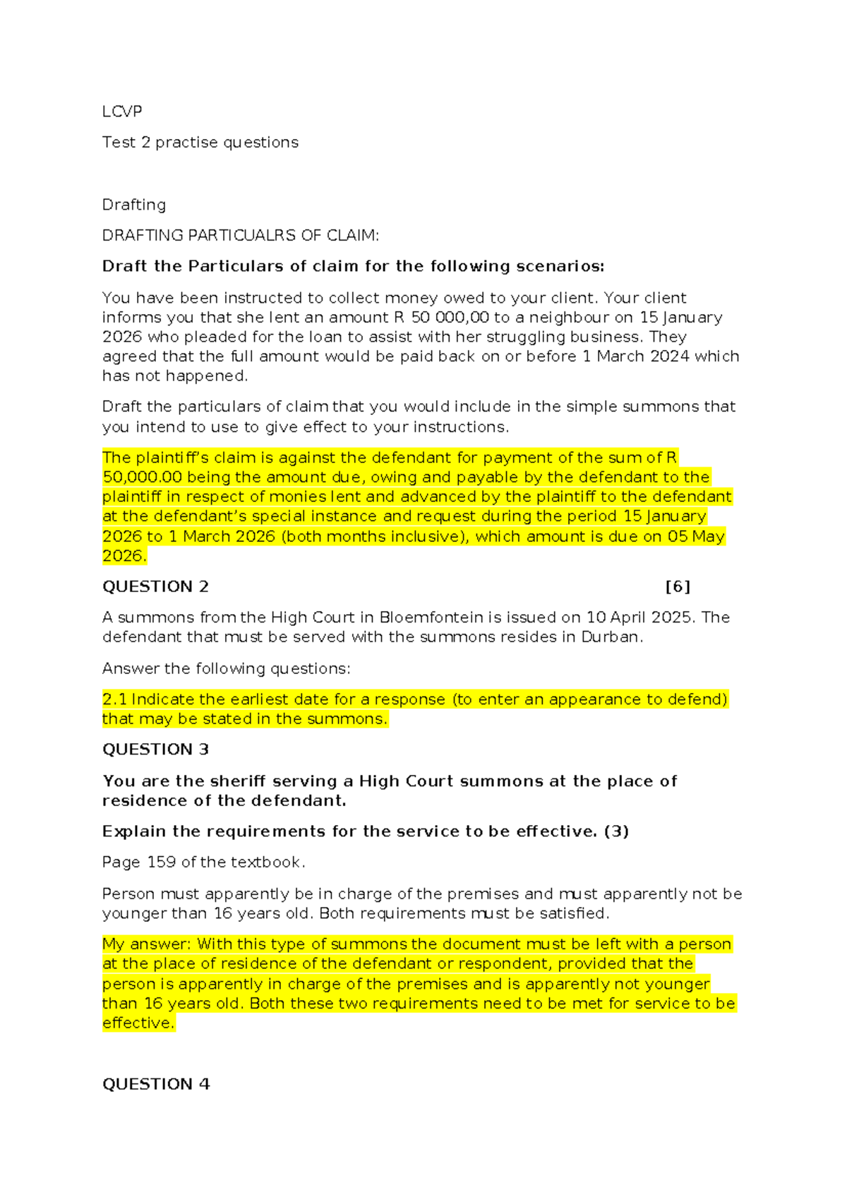 LCVP Test 2 Practice Questions: Drafting Particulars of Claim - Studocu