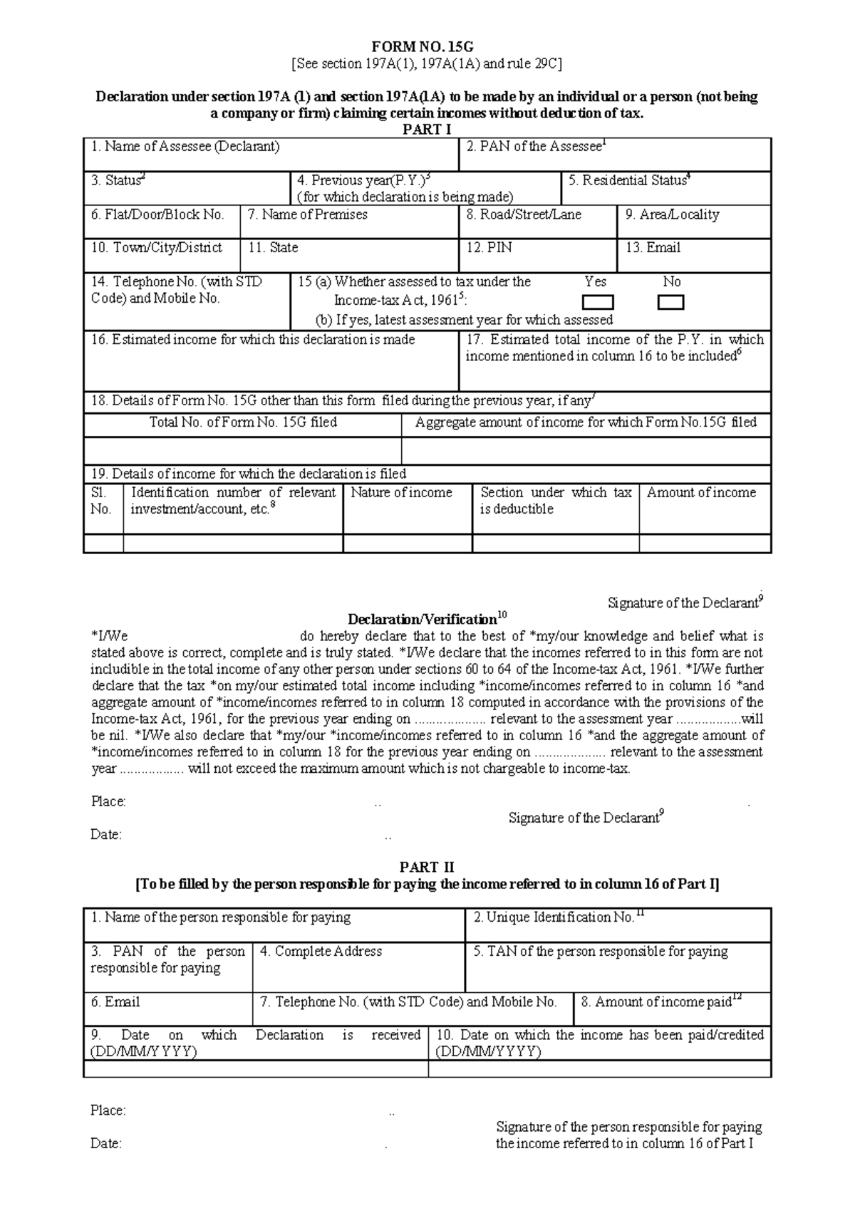 Form No. 15G Declaration for Income Without Tax Deduction - Database ...