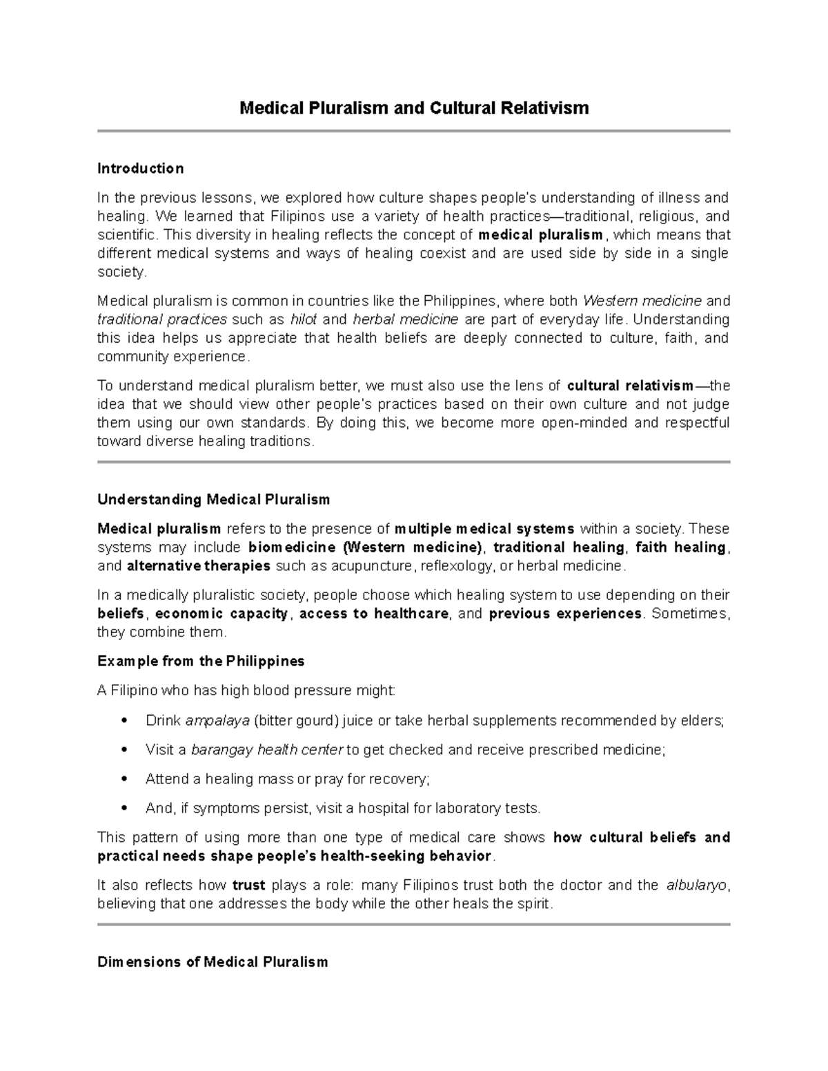 Medical Pluralism and Cultural Relativism: Insights and Reflections - Document Preview