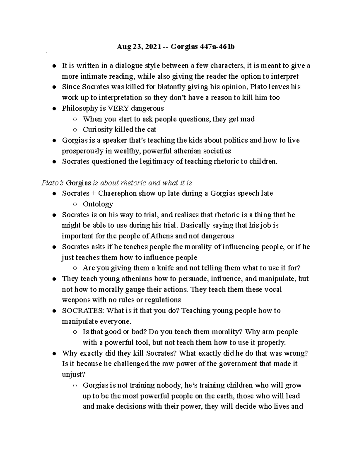 GREEK 101: Class Notes on Plato's Gorgias 447a-461b Discussion - Studocu