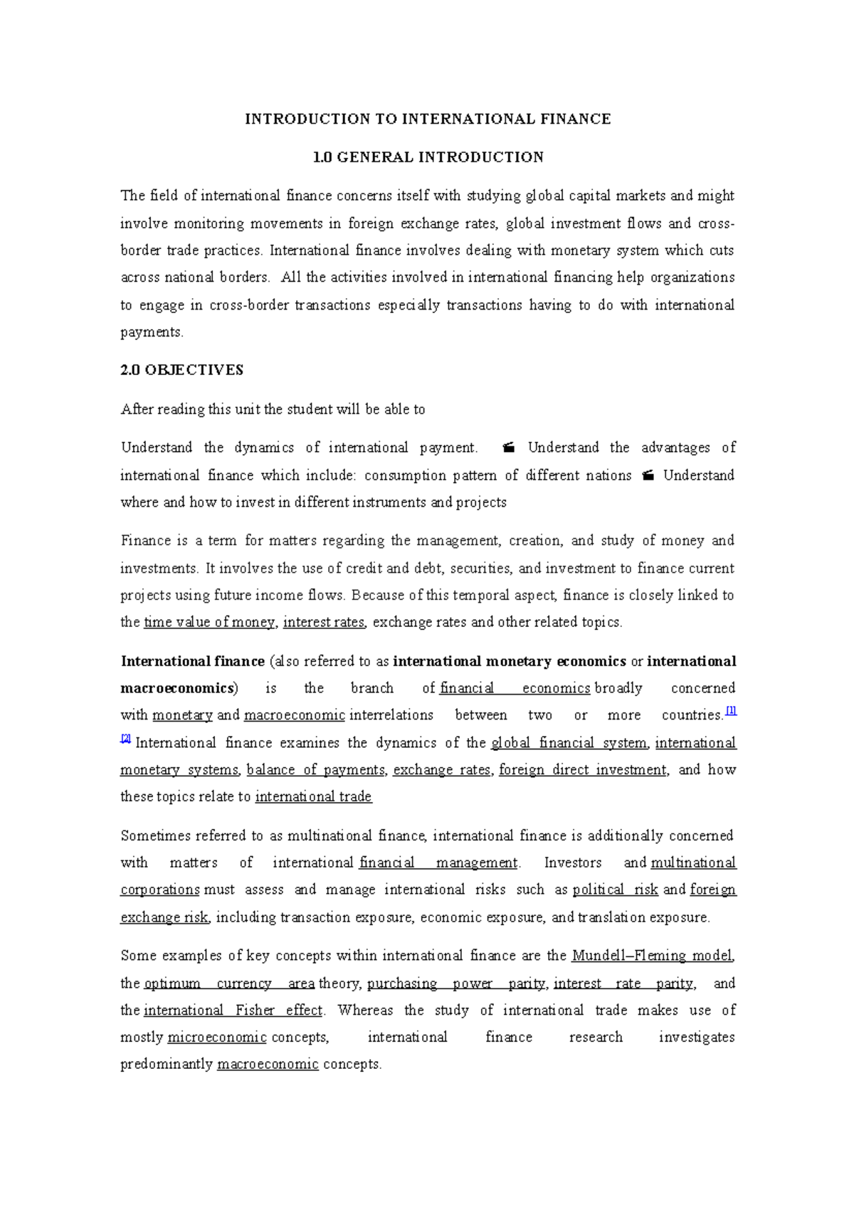International Finance (FIN 408) Notes - INTRODUCTION TO INTERNATIONAL ...