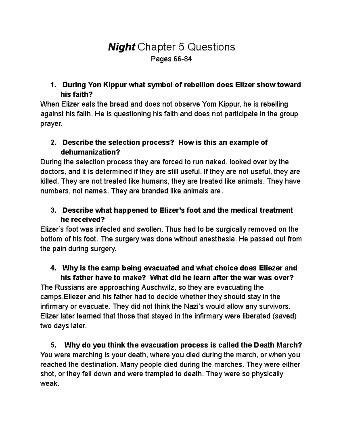 Night Chapter 5: Key Questions and Insights on Dehumanization - Studocu