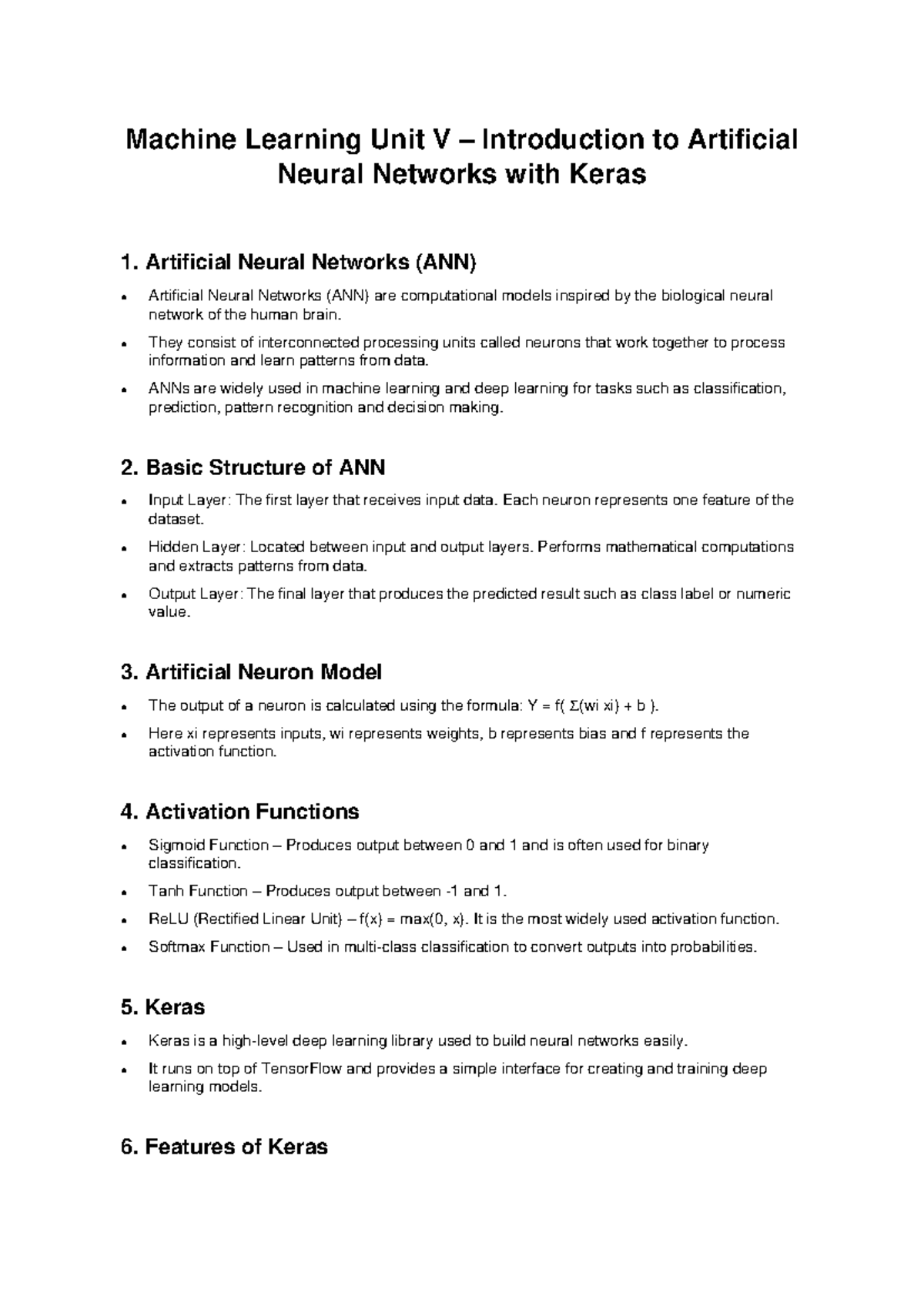 Machine Learning Unit V: Intro to ANN & Keras Notes - Studocu