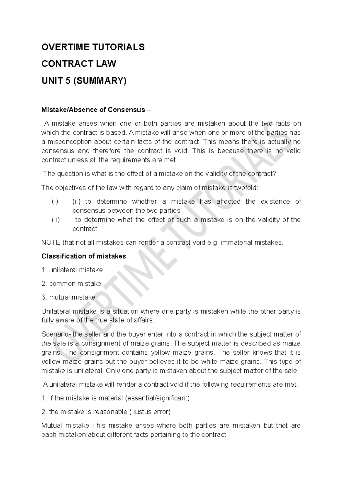 CRT 5: Summary of Mistakes and Misrepresentation in Contract Law - Studocu