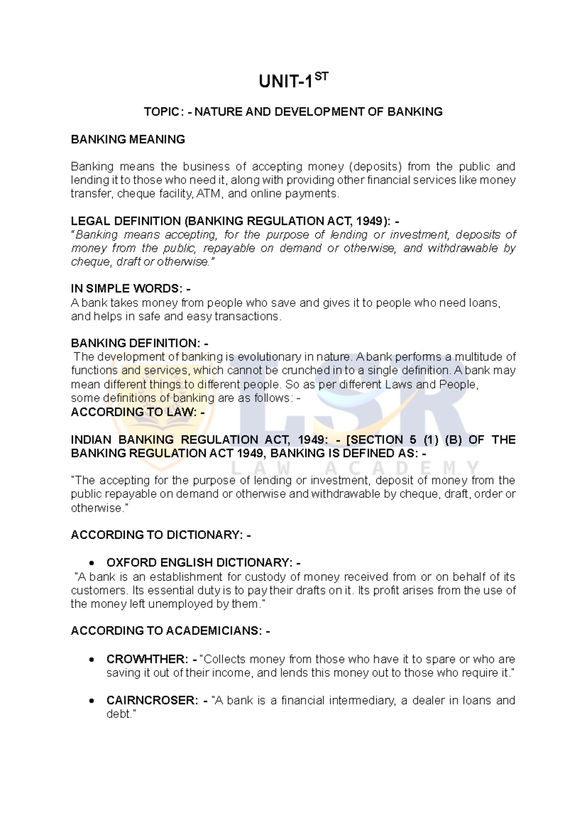 Banking Law Overview: Nature, Development & Key Concepts (Unit-1) - Studocu