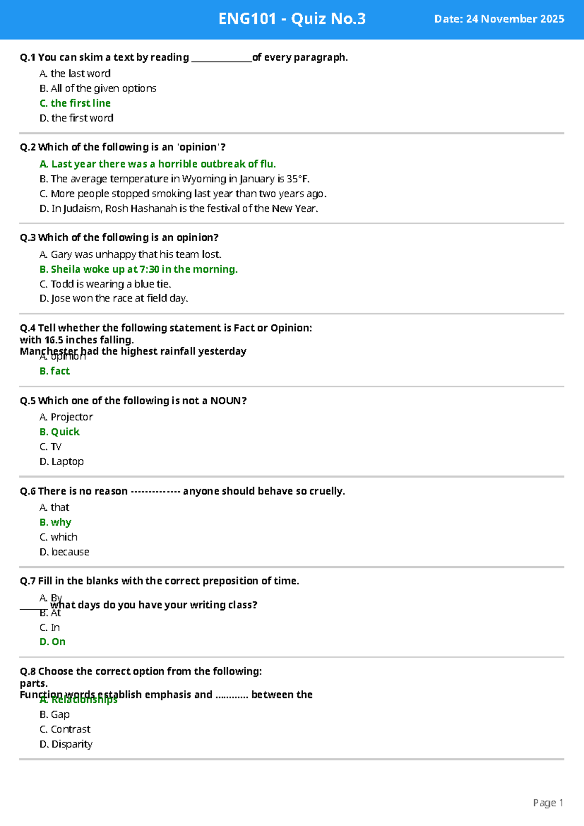ENG101 Quiz No.3 - Key Concepts and Questions - Studocu