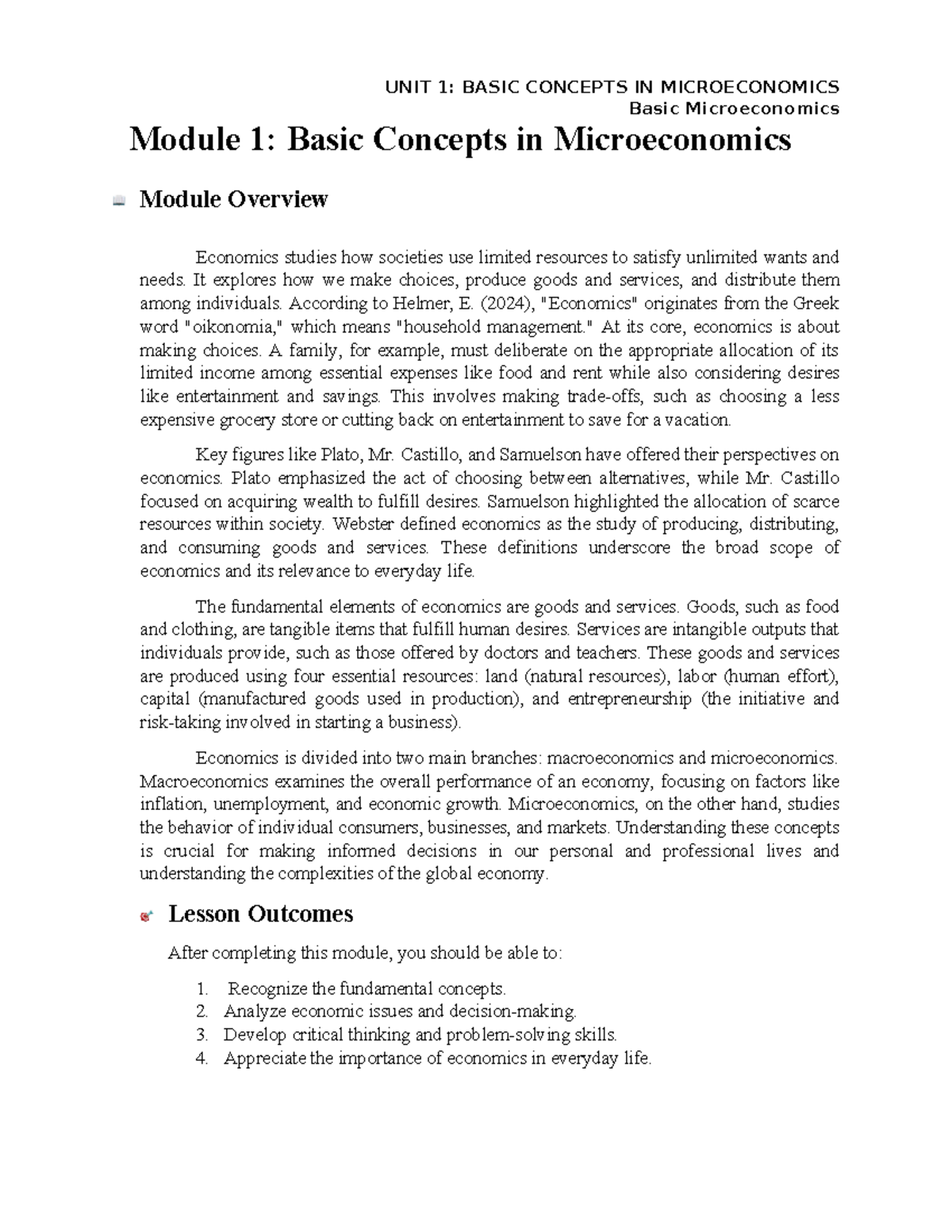 UNIT 1: BASIC CONCEPTS IN MICROECONOMICS - Overview and Key Principles ...