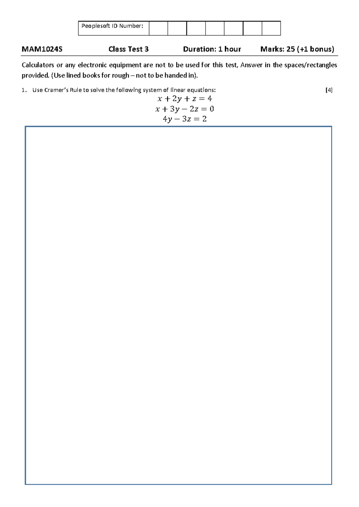 MAM1024S Class Test 3: Linear Equations & Polynomial Roots - Studocu