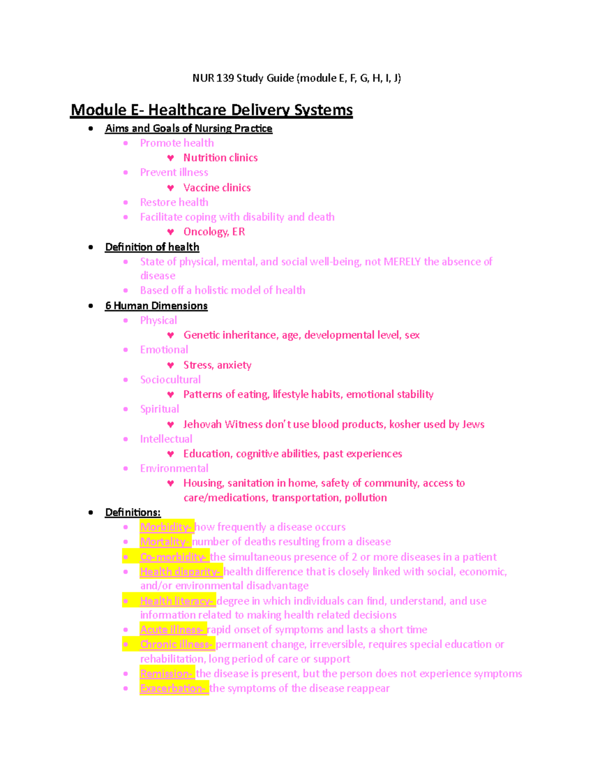 NUR 139 Test 2 Study Guide: Modules E, F, G, H, I, J Overview - Studocu