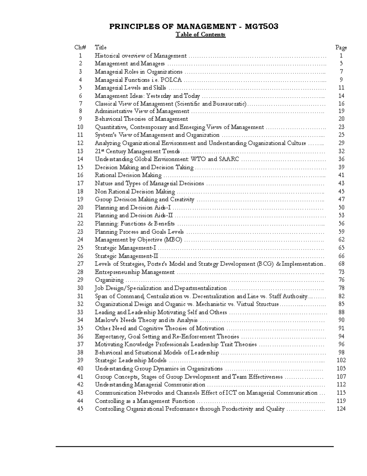 Principles of Management MGT503: Comprehensive Study Guide - Studocu