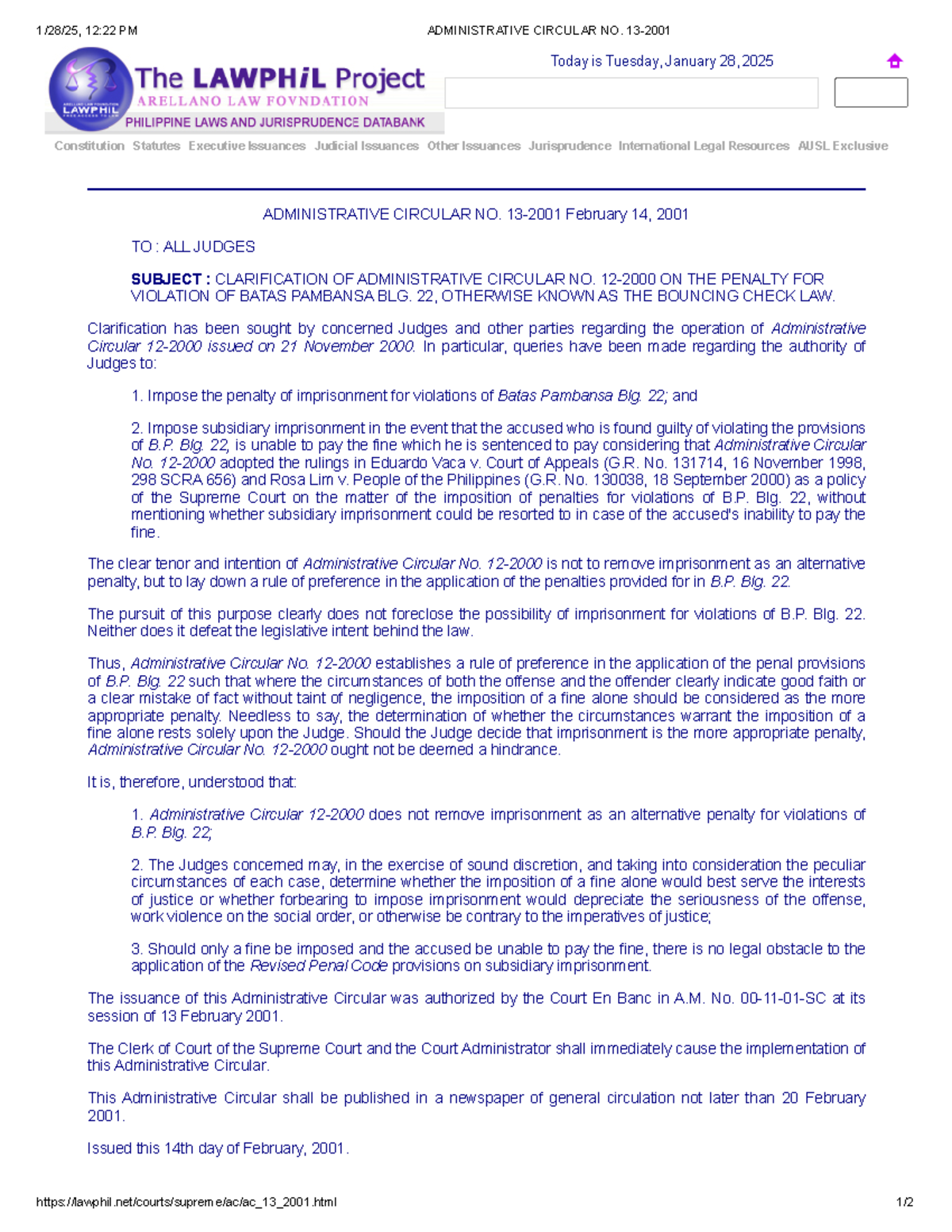 Administrative Circular NO. 13-2001 - Constitution Statutes Executive ...