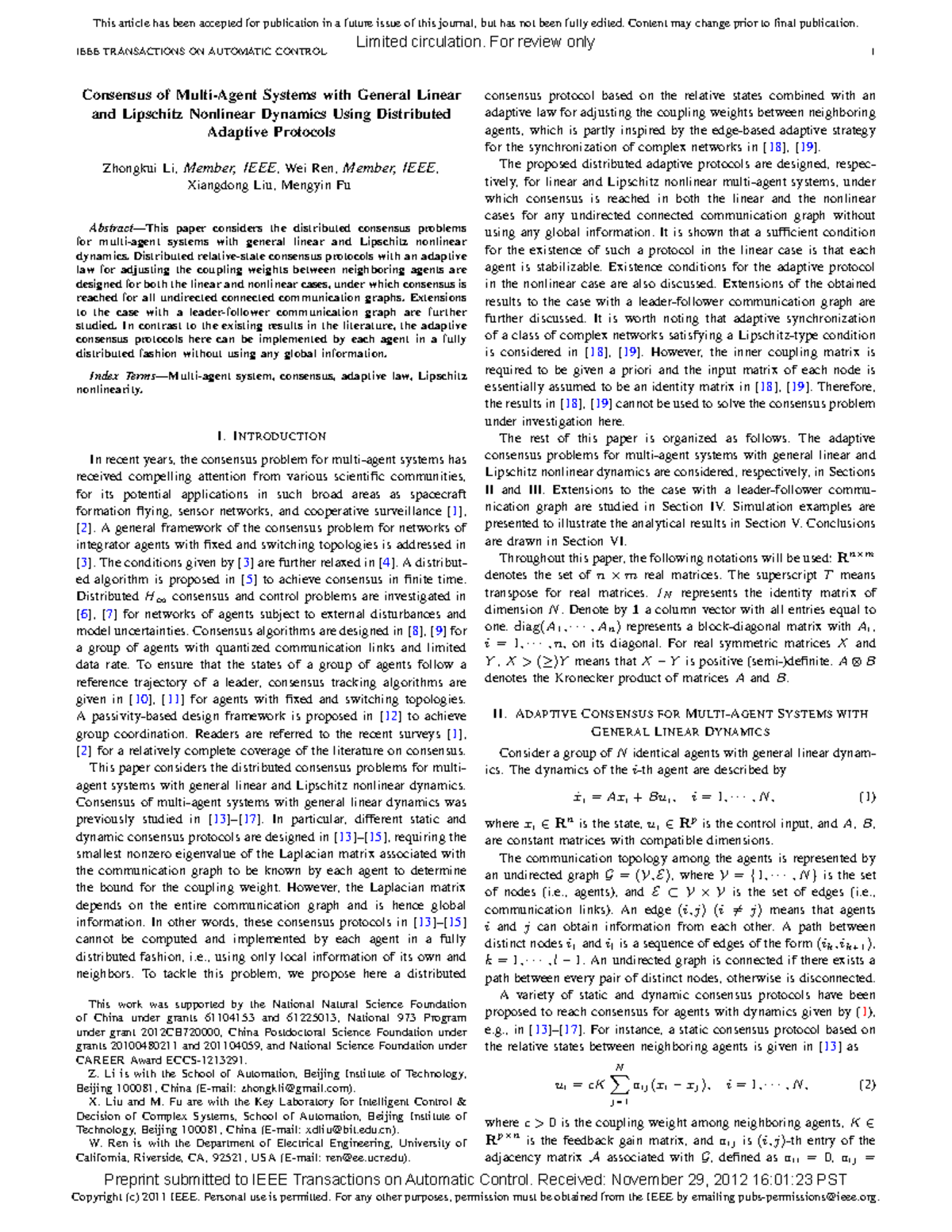 Consensus of Multi-Agent Systems with General Linear & Nonlinear ...