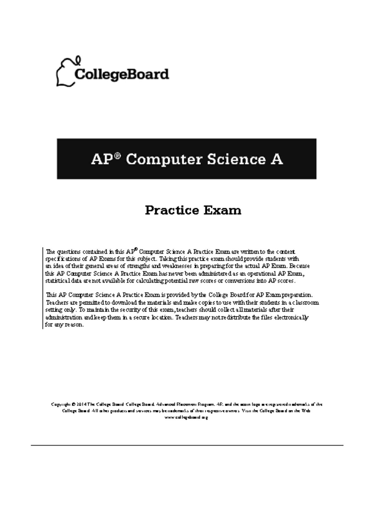 2014 AP Computer Science A Practice Exam MCQ & Answers for Prep Studocu