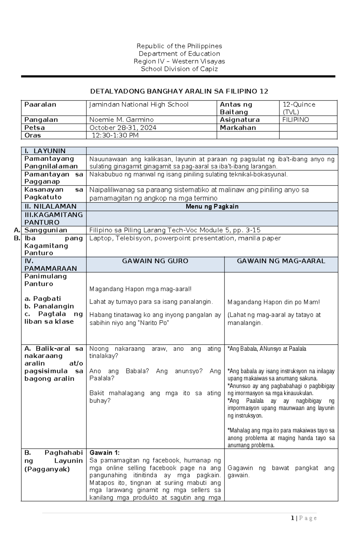 Filipino 12: Pagsulat ng Menu - Paghahanda at Layunin ng Aralin - Studocu