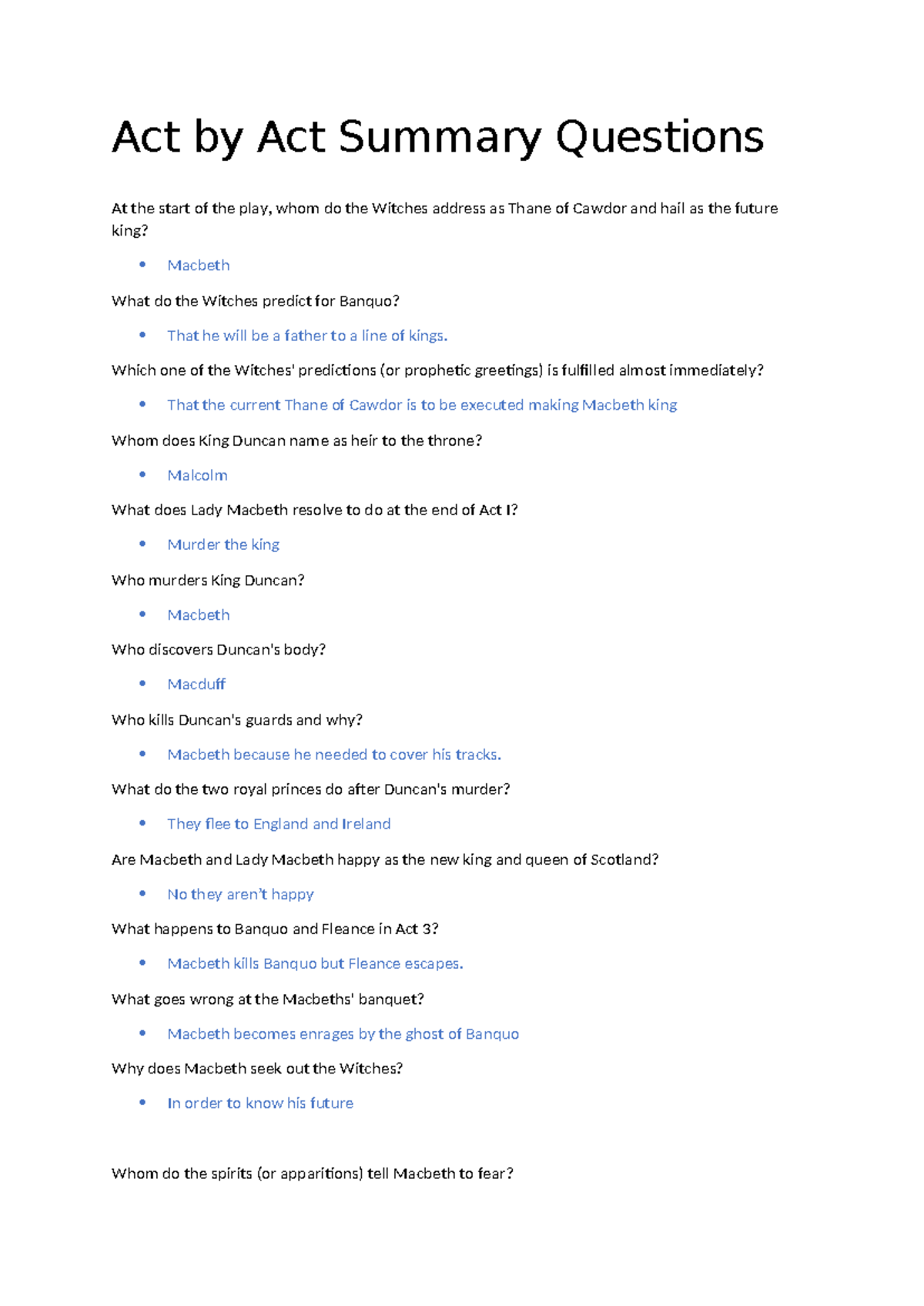 Act I & III Summary Questions for Macbeth (ENG 101) - Studocu