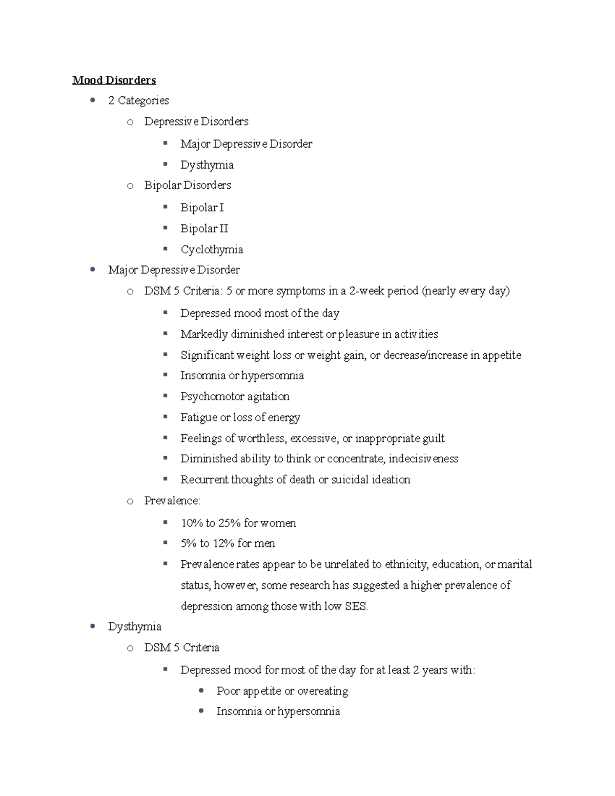 Mood Disorders Summary Notes - Mood Disorders 2 Categories o Depressive ...