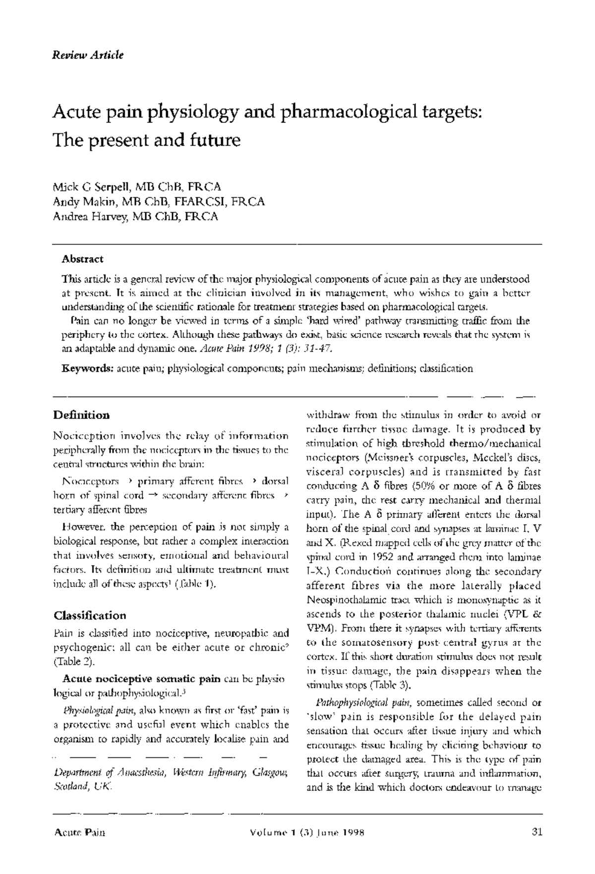 Serpell 1998 - Review on Acute Pain Mechanisms and Targets - Studocu