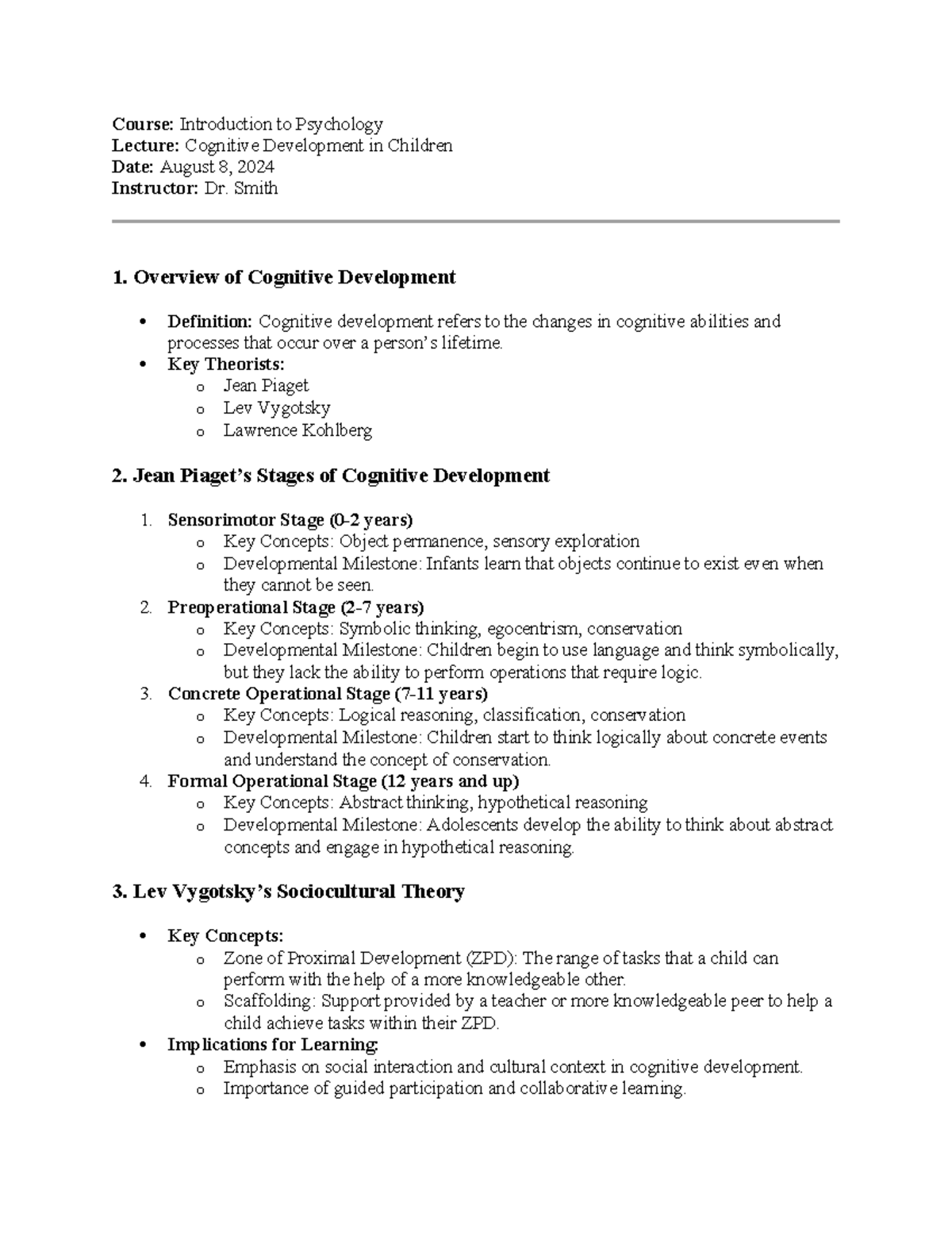 Course - Psychology notes - Course: Introduction to Psychology Lecture ...