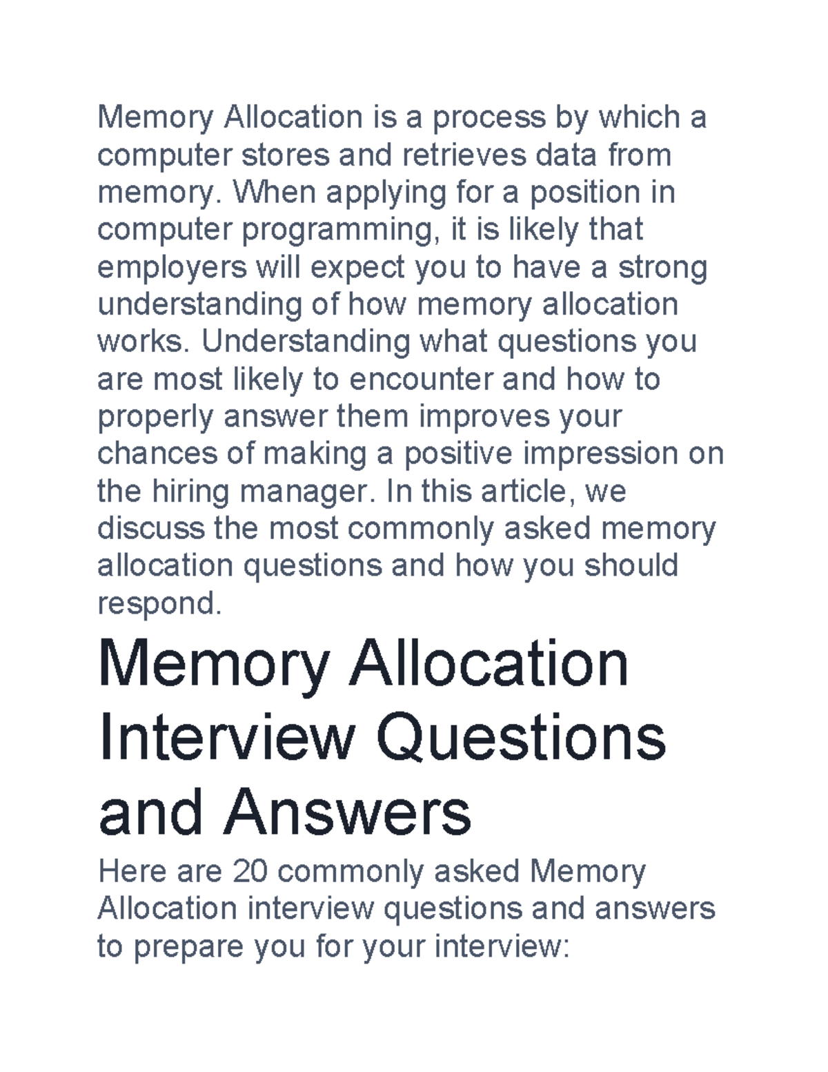 Memory Allocation Interview Prep: Common Q&A for CS Jobs - Studocu