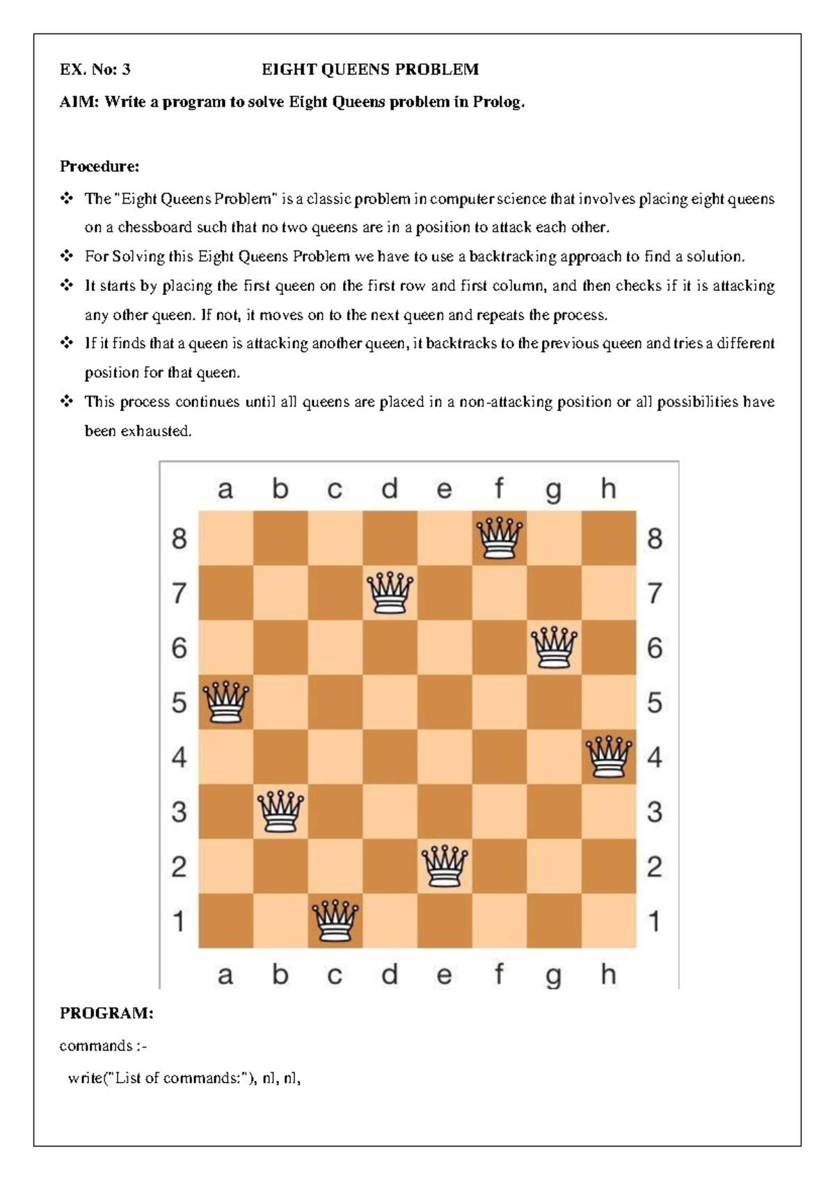 AI 2nd Experiment: Solving the Eight Queens Problem in Prolog - Studocu