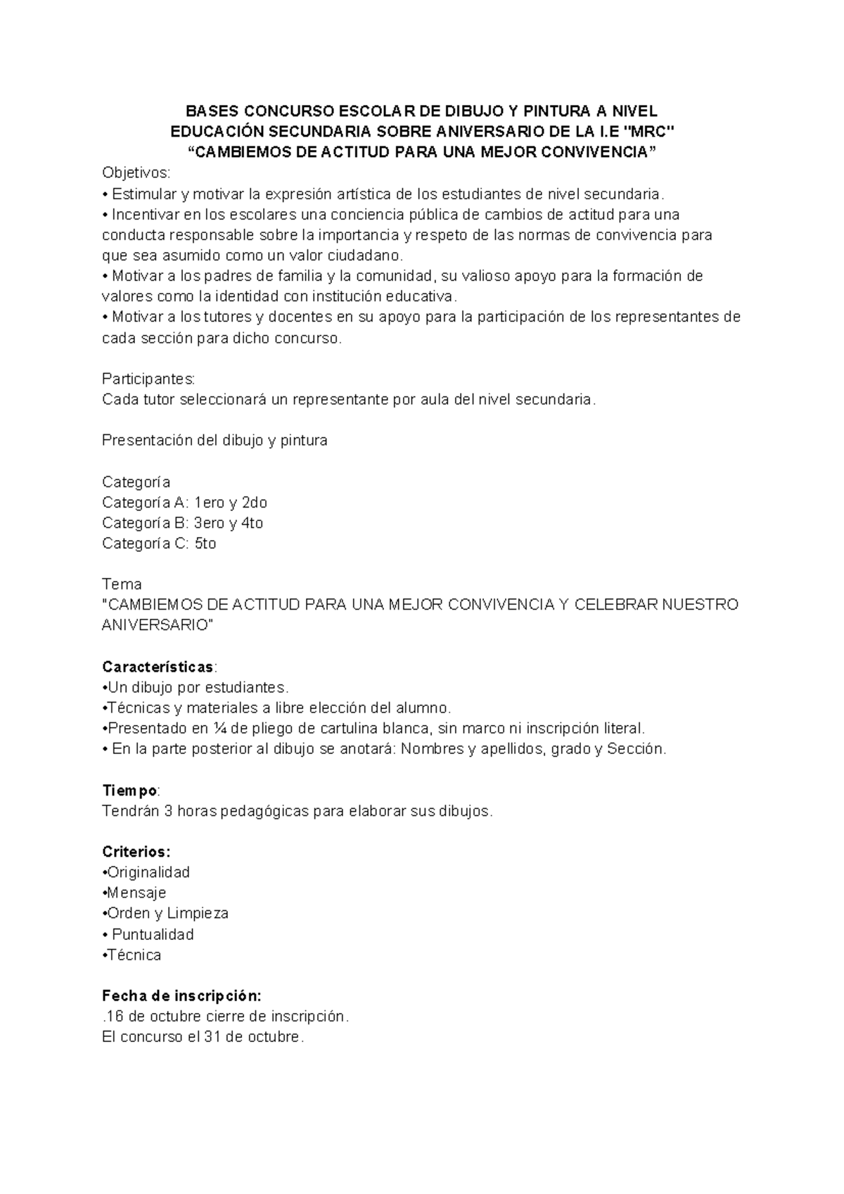 Bases Del Concurso Escolar De Dibujo Y Pintura Educación Secundaria