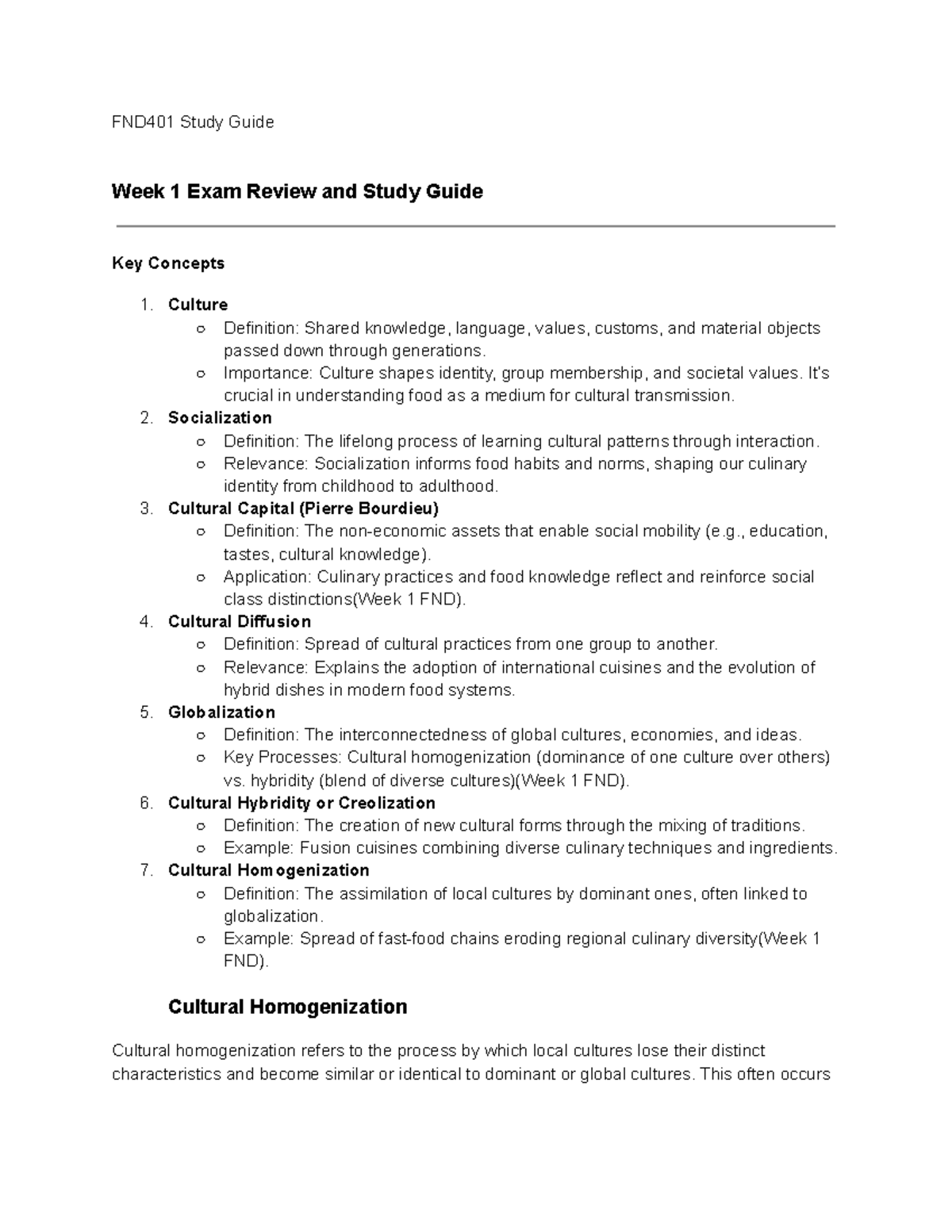 FND401 Week 1 Exam Review: Key Concepts in Culture & Food - Studocu