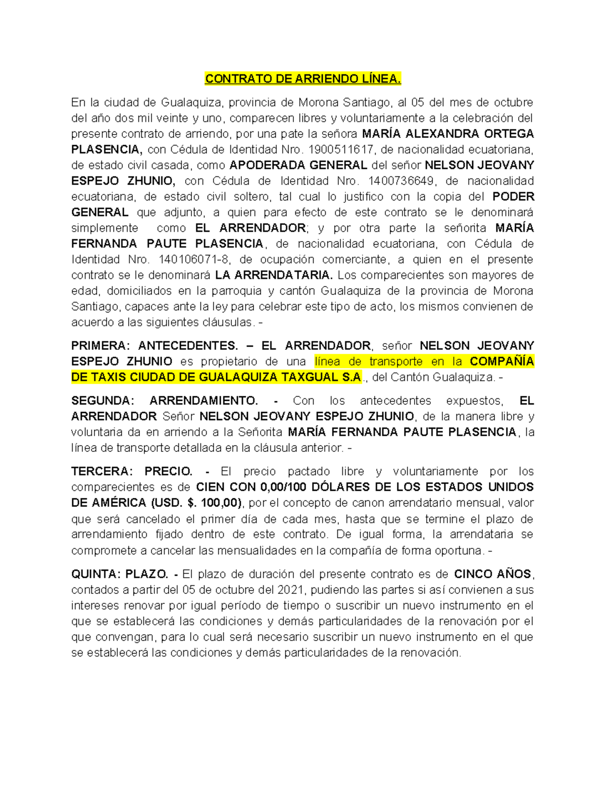 Contrato de Arriendo para Línea de Taxi en Gualaquiza - 2021 - Document Preview