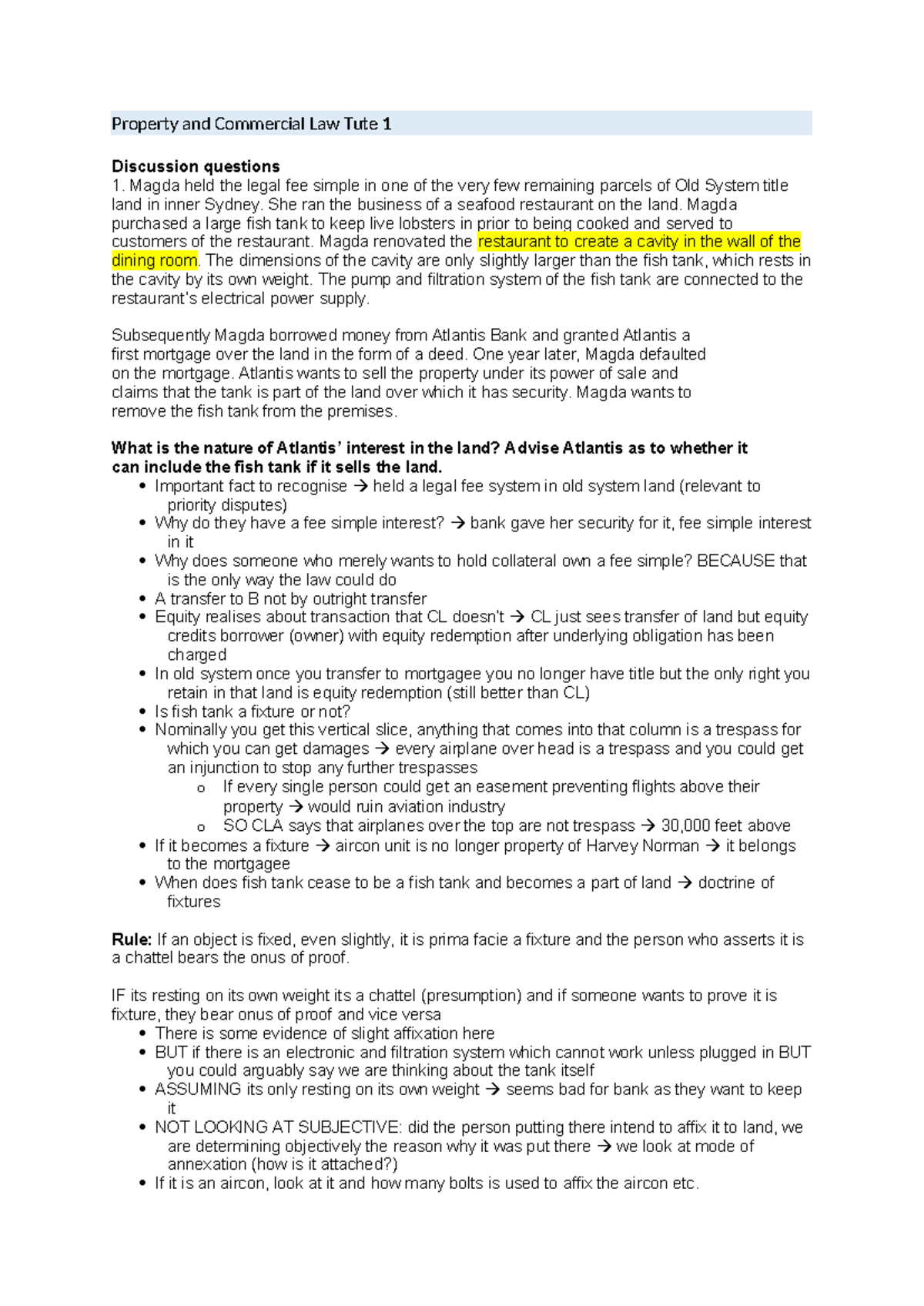 Property and Commercial Law Tute: Week 1 & 2 Analysis and Issues - Studocu