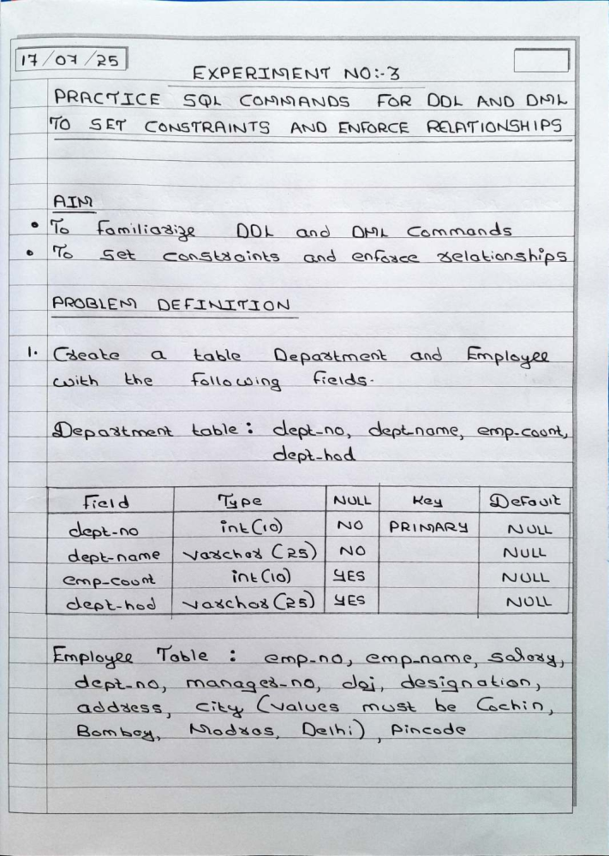 DBMS EXP 3, 4, 5 - Practical Lab Record on SQL Commands and Queries ...