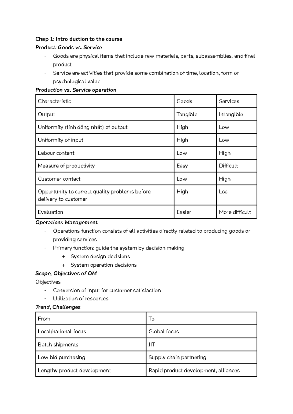OM Class Notes: Chapter 1-5 Overview of Goods, Services, and ...