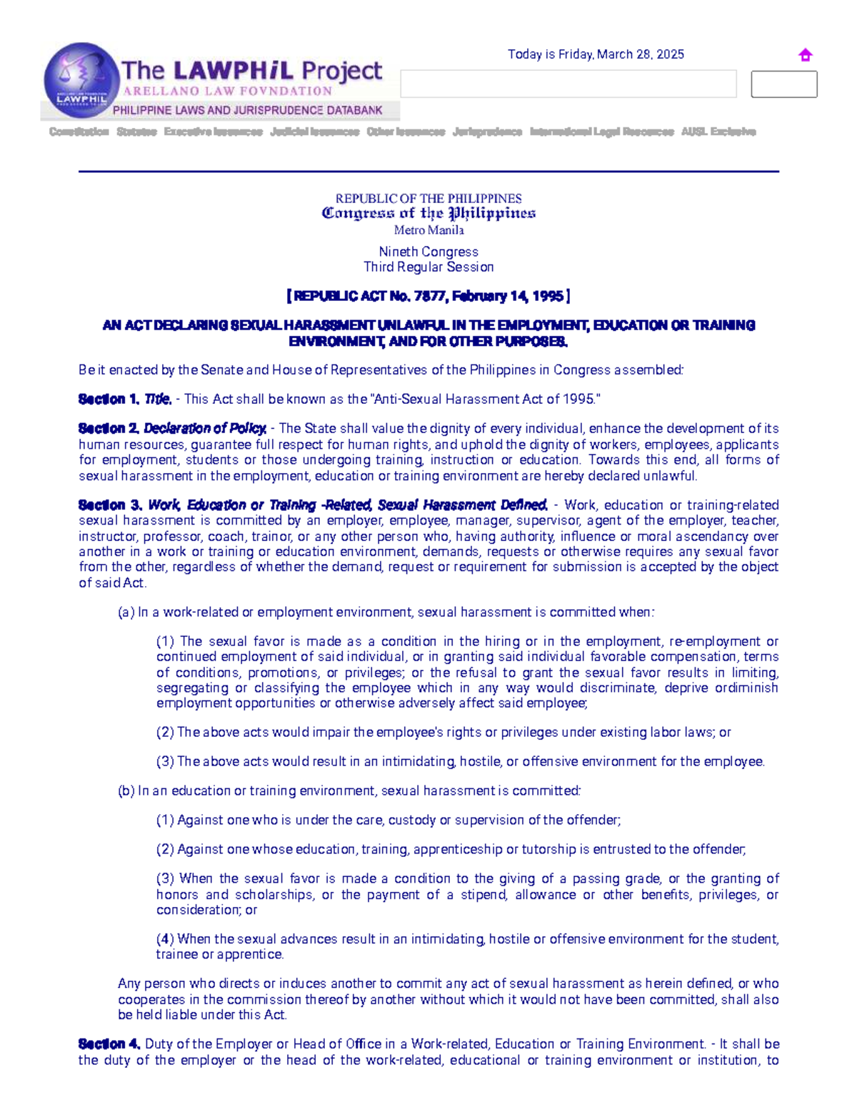 R.A. 7877 - Law - Constitution Statutes Executive Issuances Judicial ...