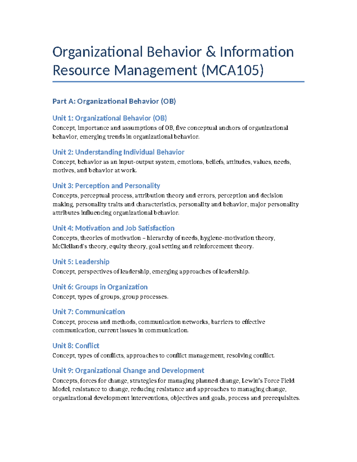 MCA105 Organizational Behavior Overview: Key Concepts & Trends - Studocu