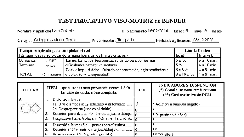 Protocolo Bender Koppitz - Evaluación Perceptiva en Niños de 9 Años