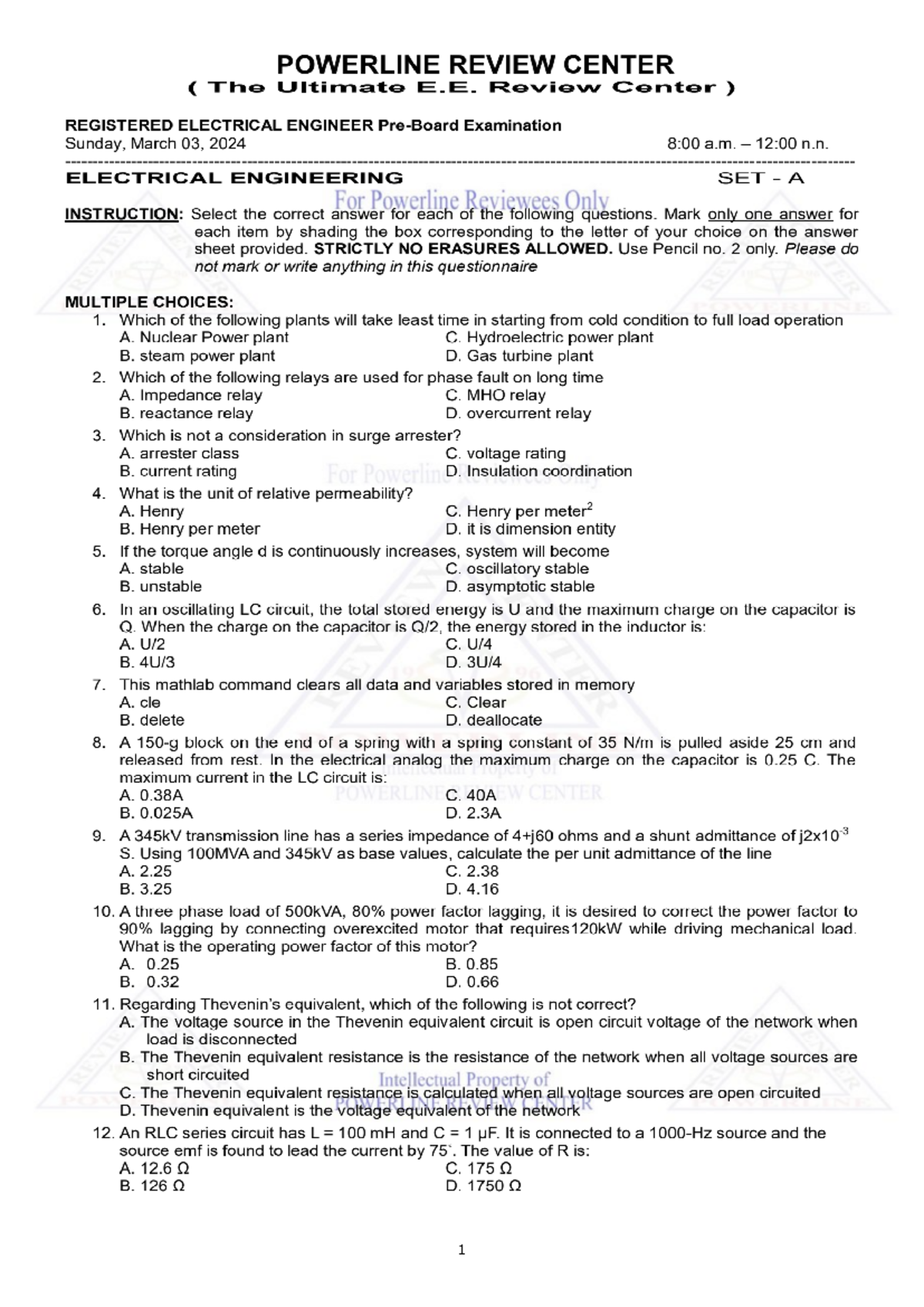 POWERLINE REVIEW CENTER: Preboard EE April 2024 Set A Exam Questions - Document Preview