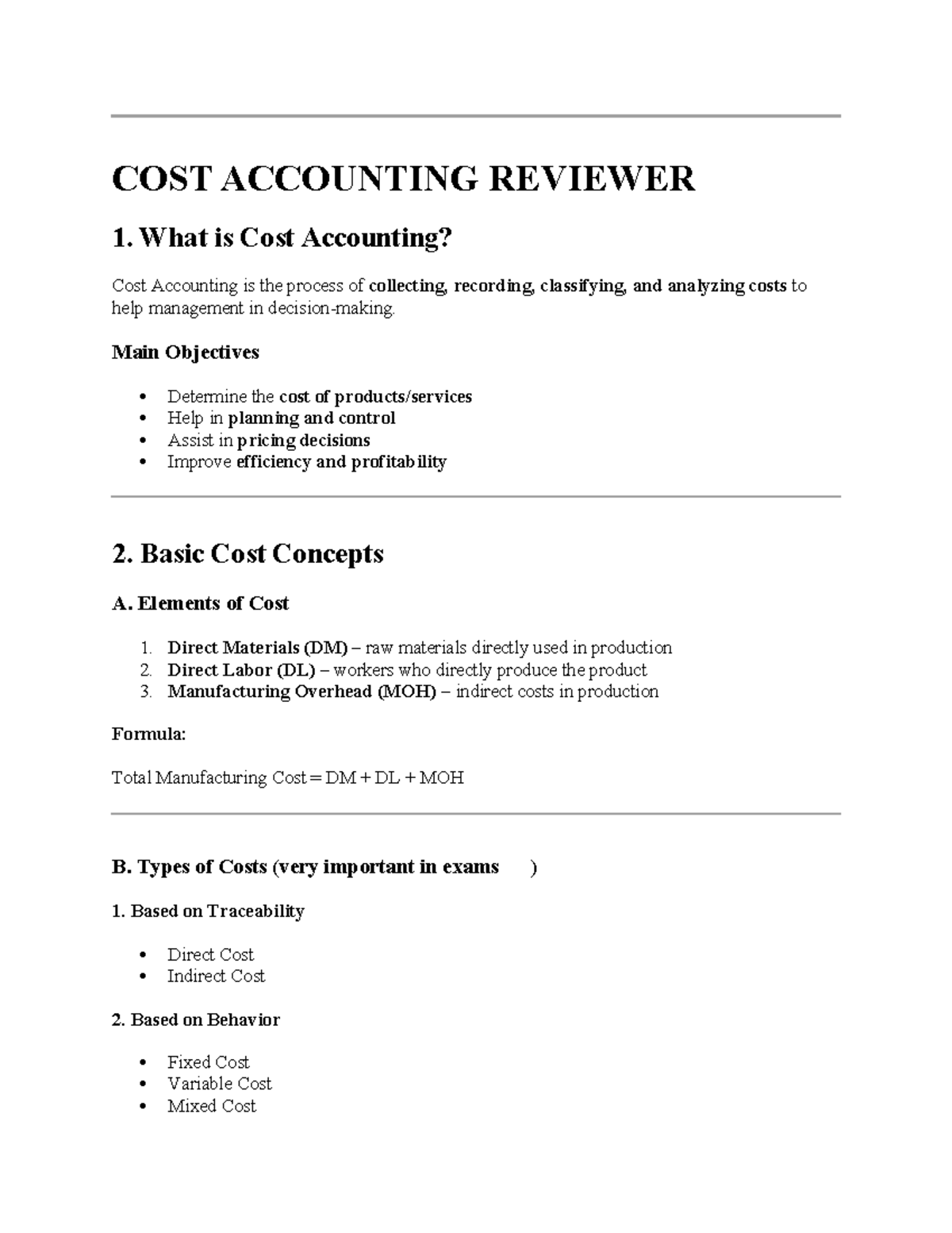 COST ACCOUNTING REVIEWER: Key Concepts & Exam Tips - Studocu