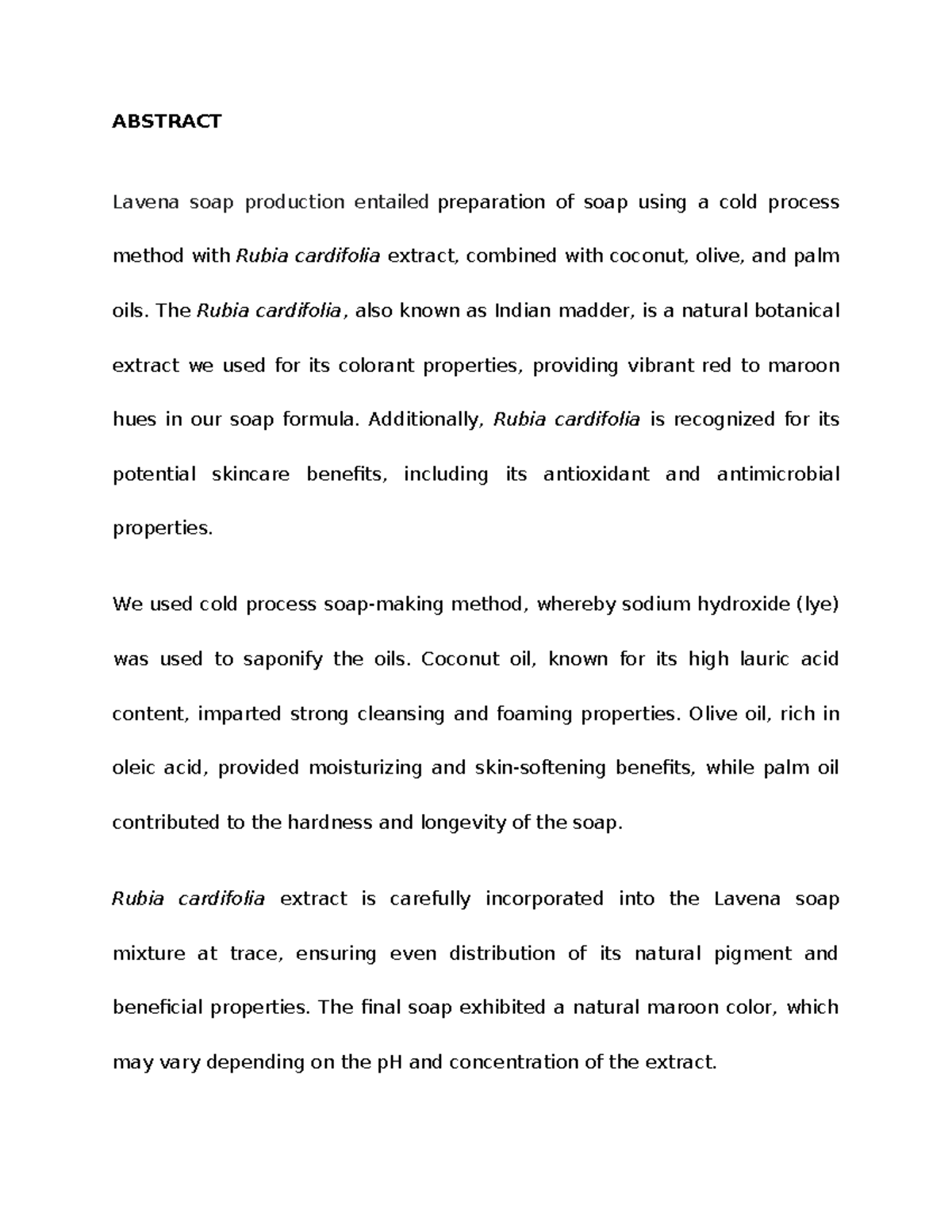 ABSTRACT: Cold Process Lavena Soap with Rubia Cardifolia Extract - Studocu