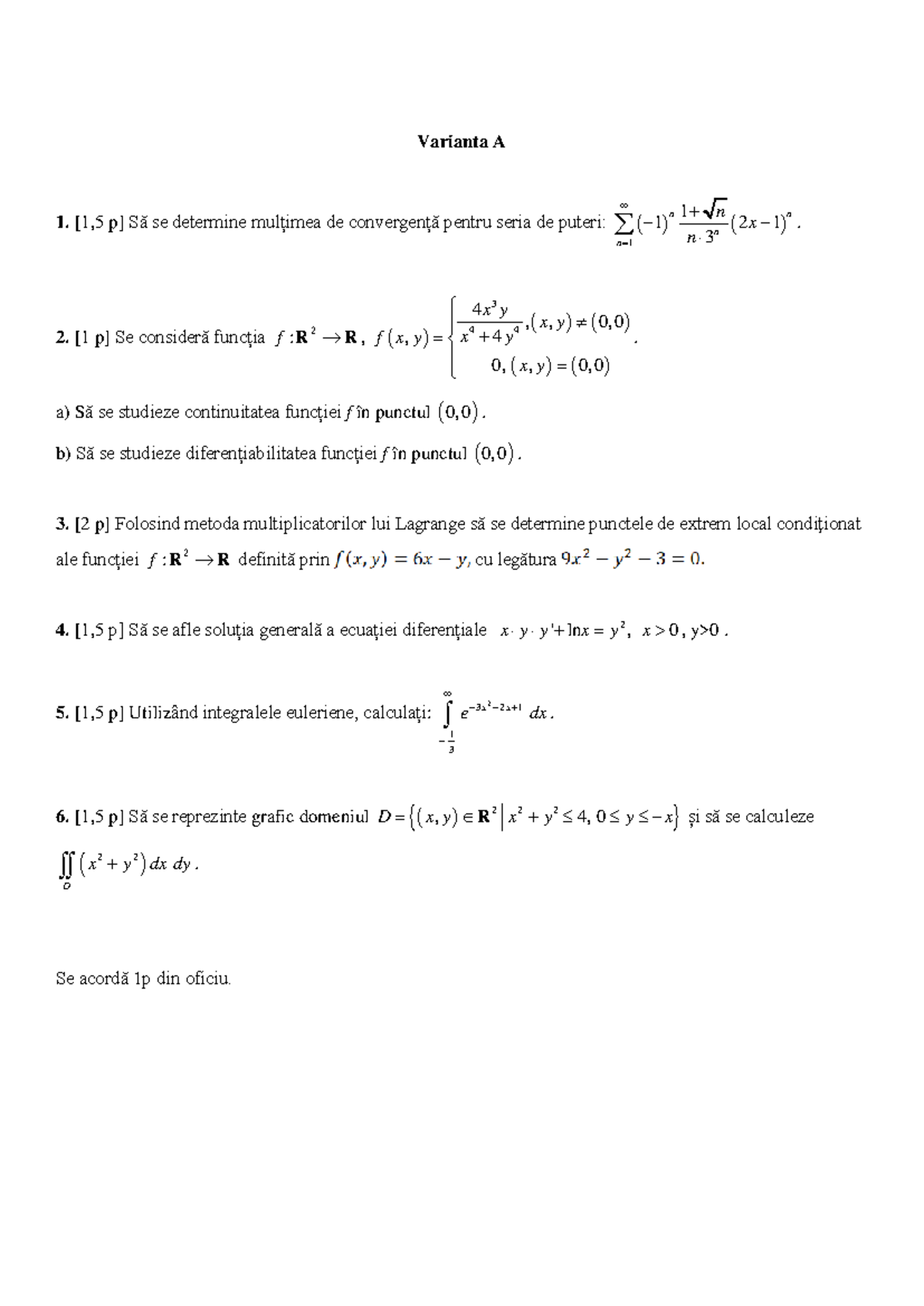 Examen Analiza Varianta A - Subiecte 10 - Studocu