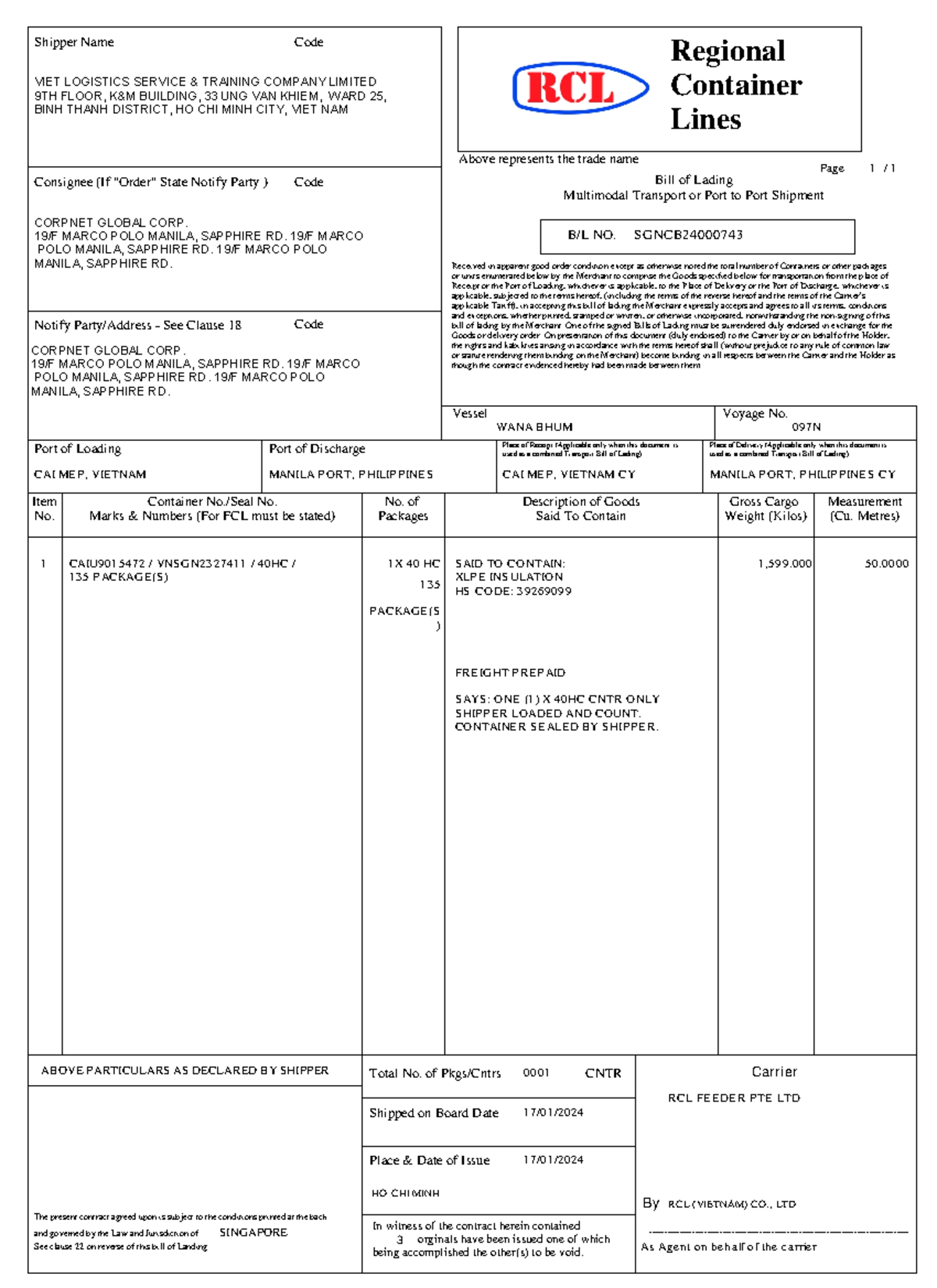 MBL Sgncb 24000743 - Bill of Lading for RCL Shipment - Studocu